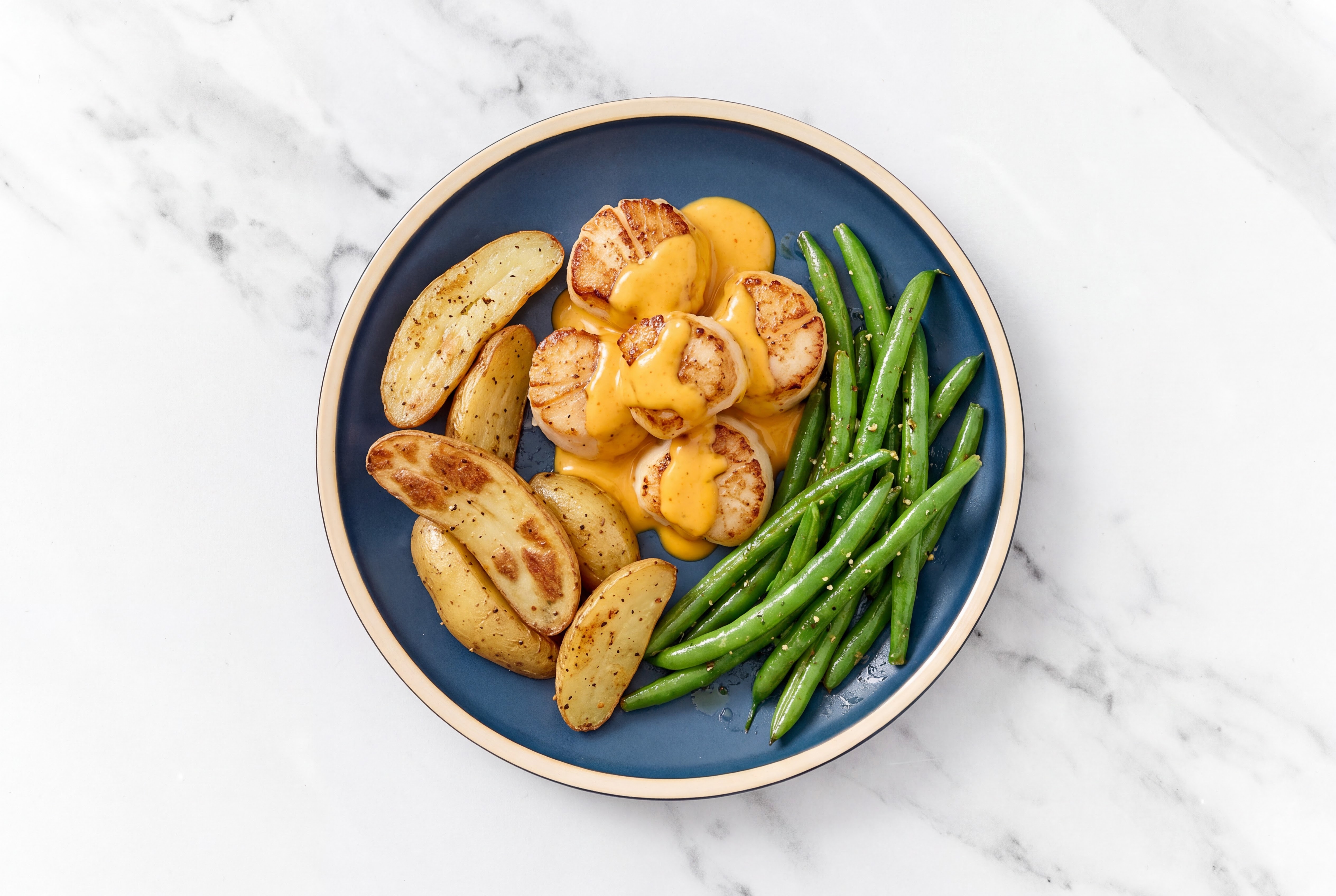 Super Special Jumbo Scallops with Fingerling Potatoes & Organic Green Beans