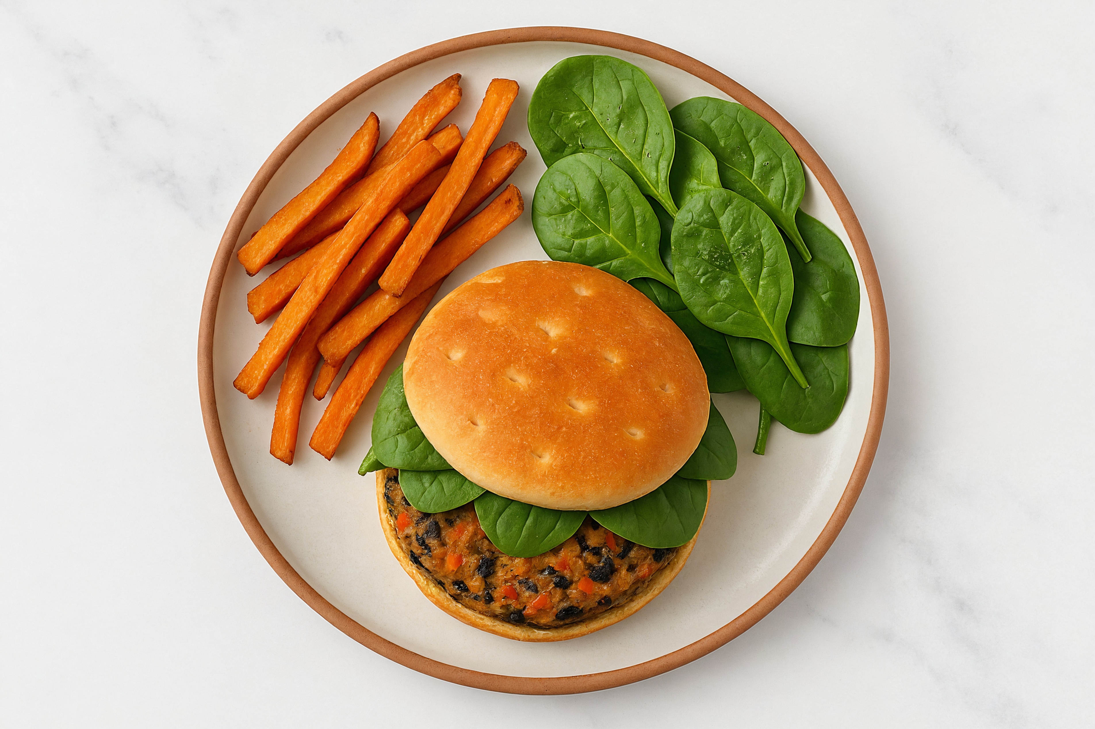 Garden Easy Black Bean-y Burger + Sweet Potato Fries with Baby Spinach