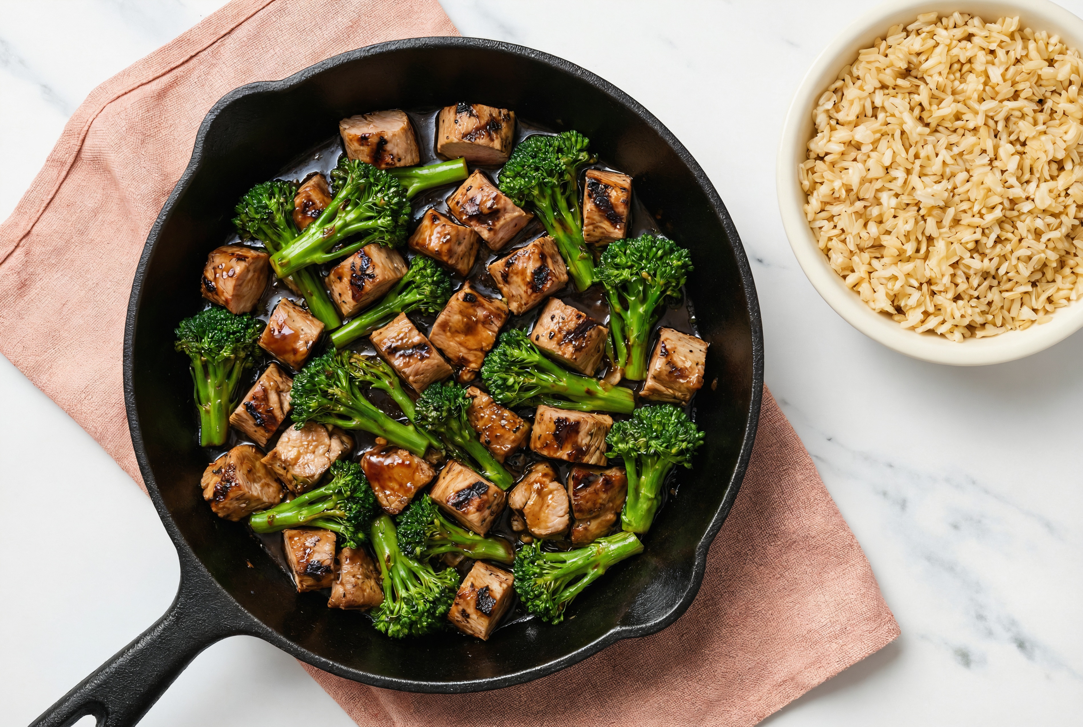 Japanese BBQ Grilled Pork Tenderloin Stir-Fry with Baby Broccoli over Brown Rice