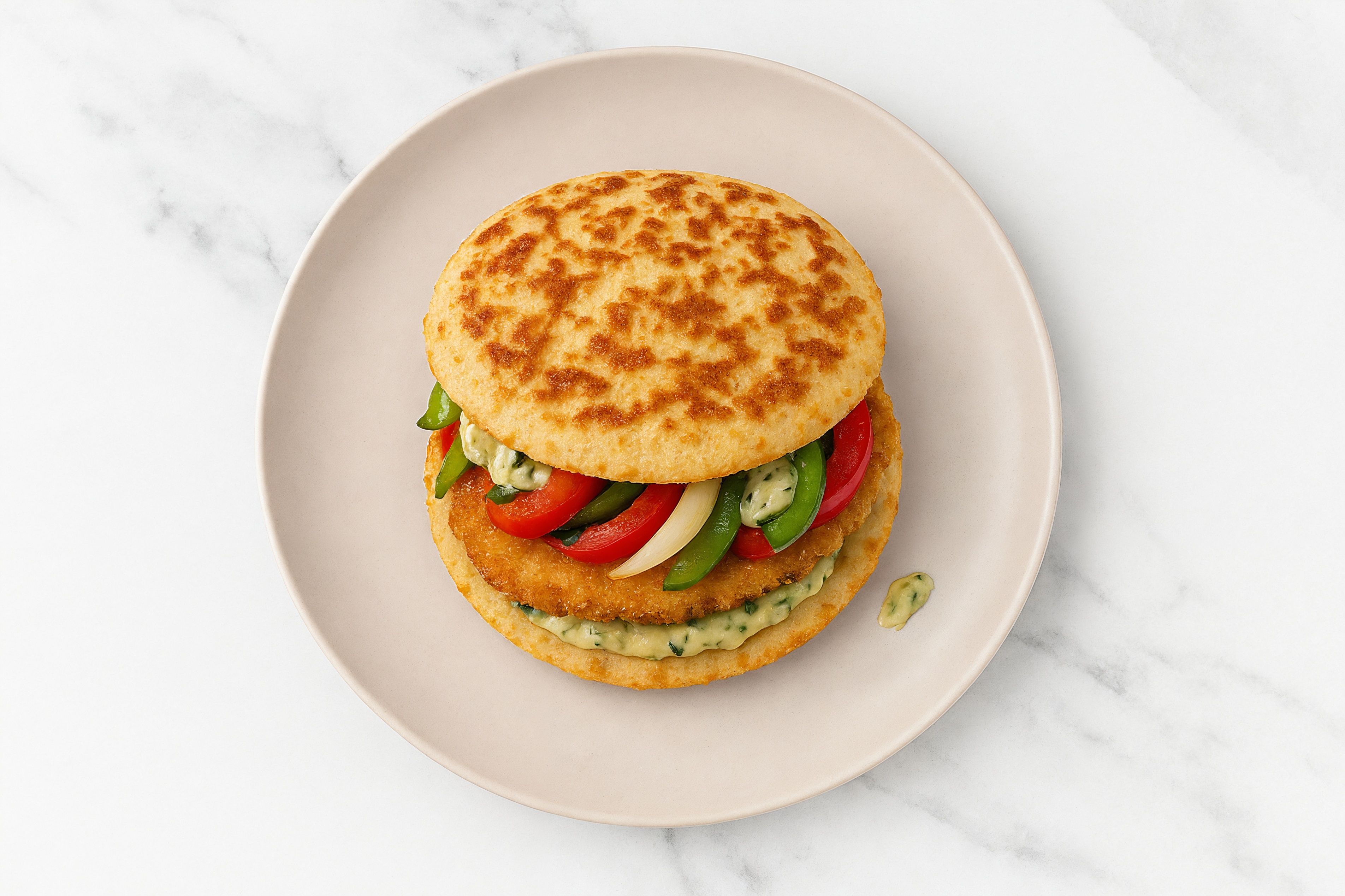 Creamy Artichoke "Chicken" Tenders Sandwich with Peppers + Onion on Cauliflower Rounds