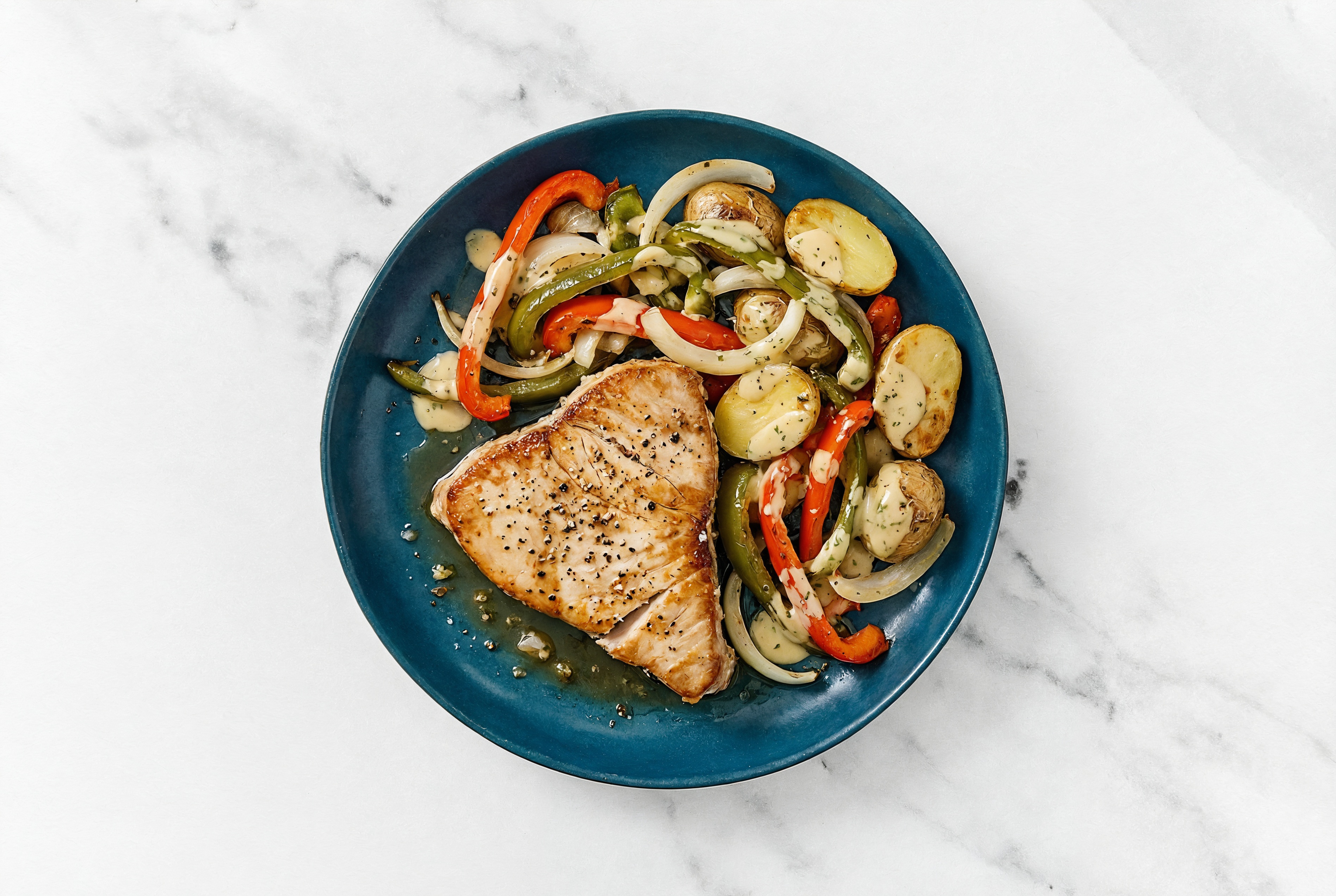 Sheet Pan Tahini-Tuna with Potatoes & Peppers