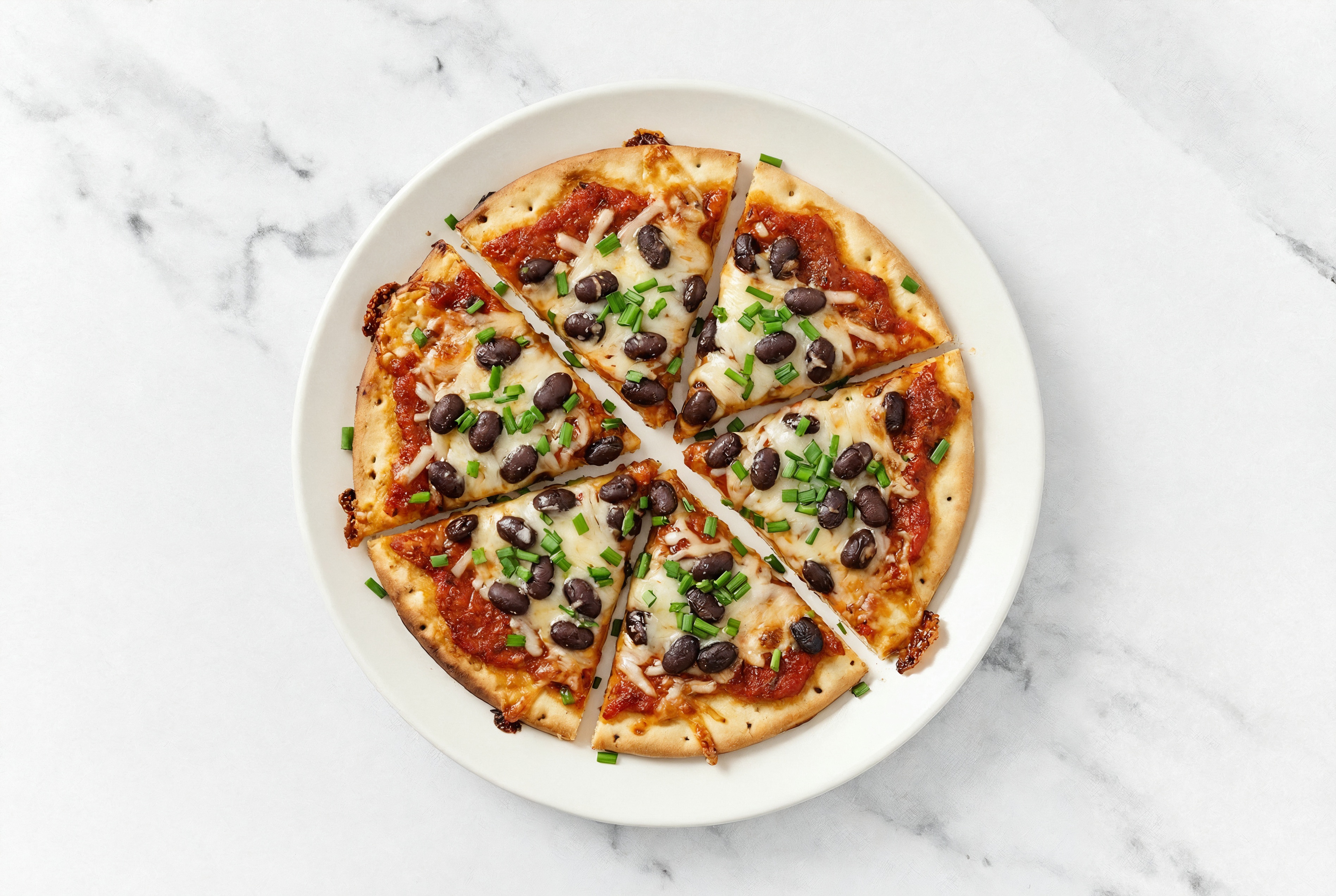 Red Sauce Cuban Spiced Black Beans Bean Pizza with "Mozzarella" + Fresh Chives