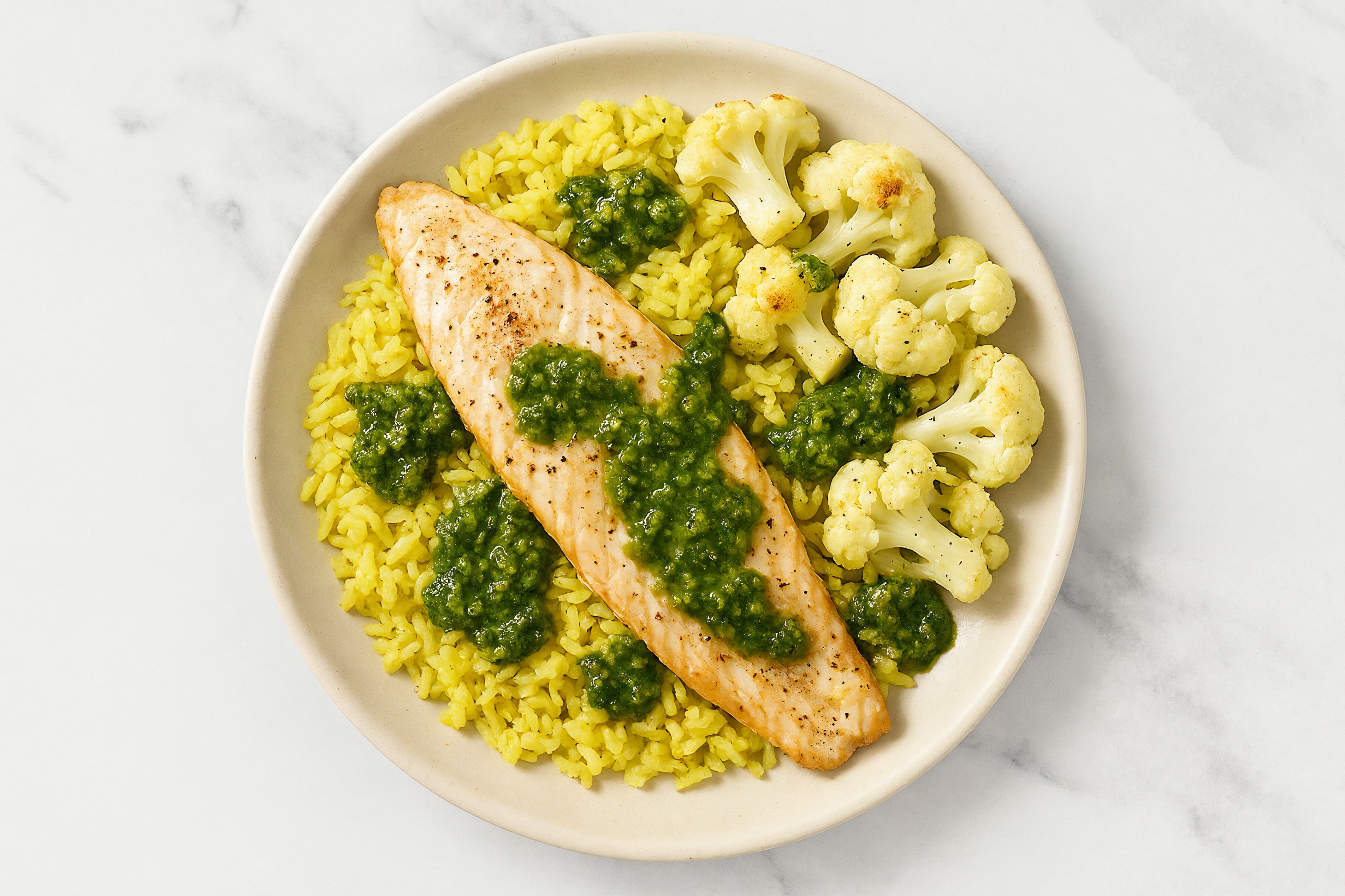 Pesto Trout + Organic Rice Bowl with Cauliflower Florets