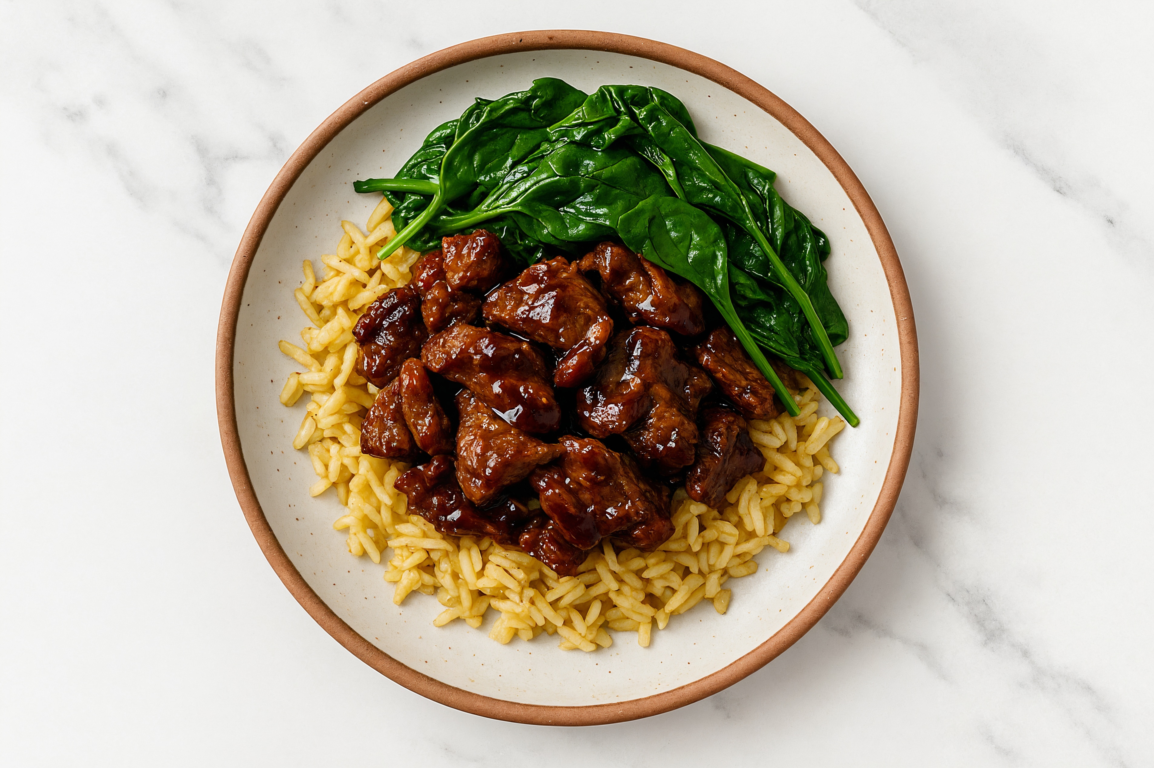 Honey Garlic Beef with Organic Spinach + Jasmine Rice