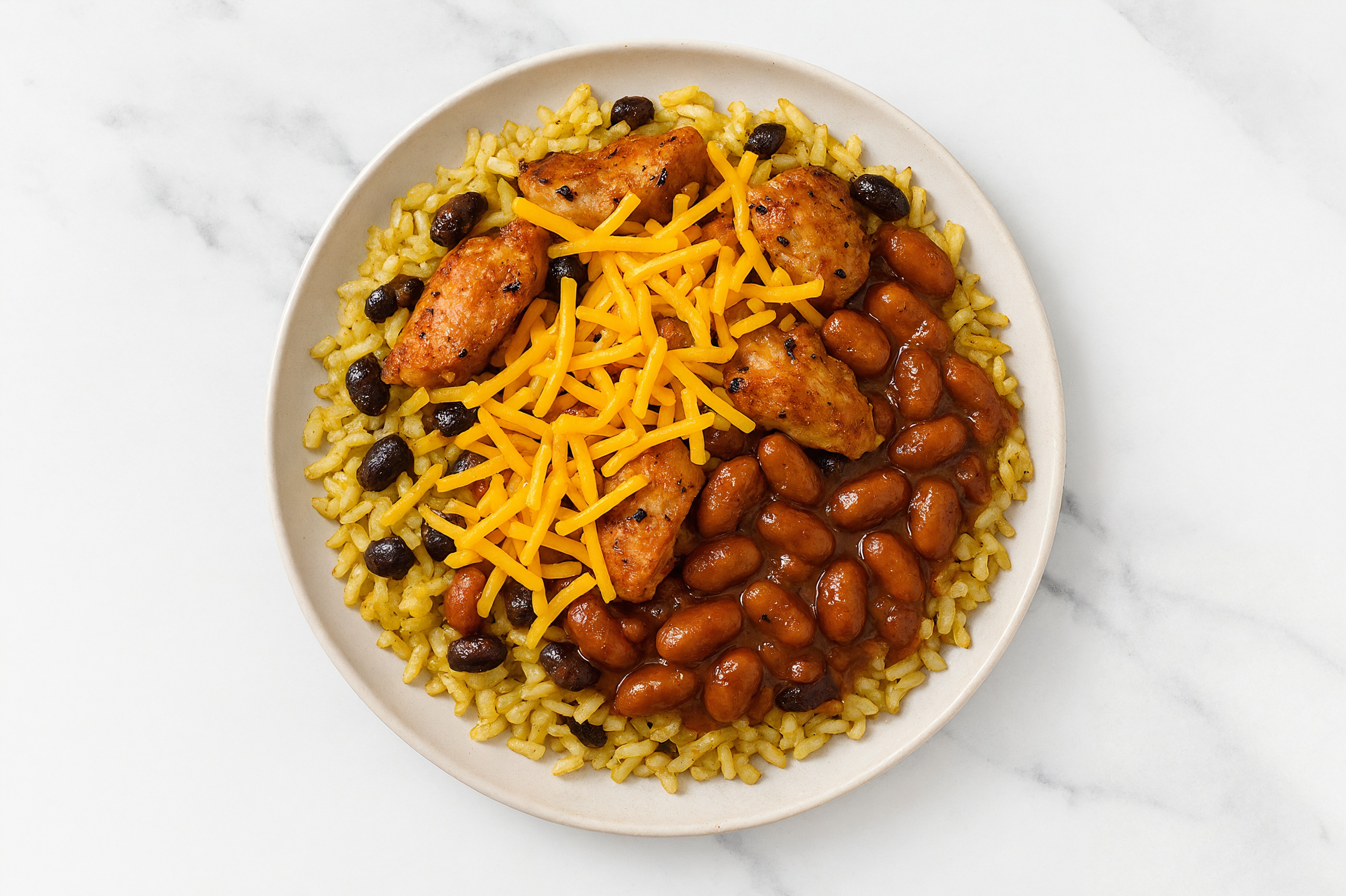 Hearty Cheesy Rotisserie Chicken Burrito Bowl with Shredded Sharp Cheddar Cheese