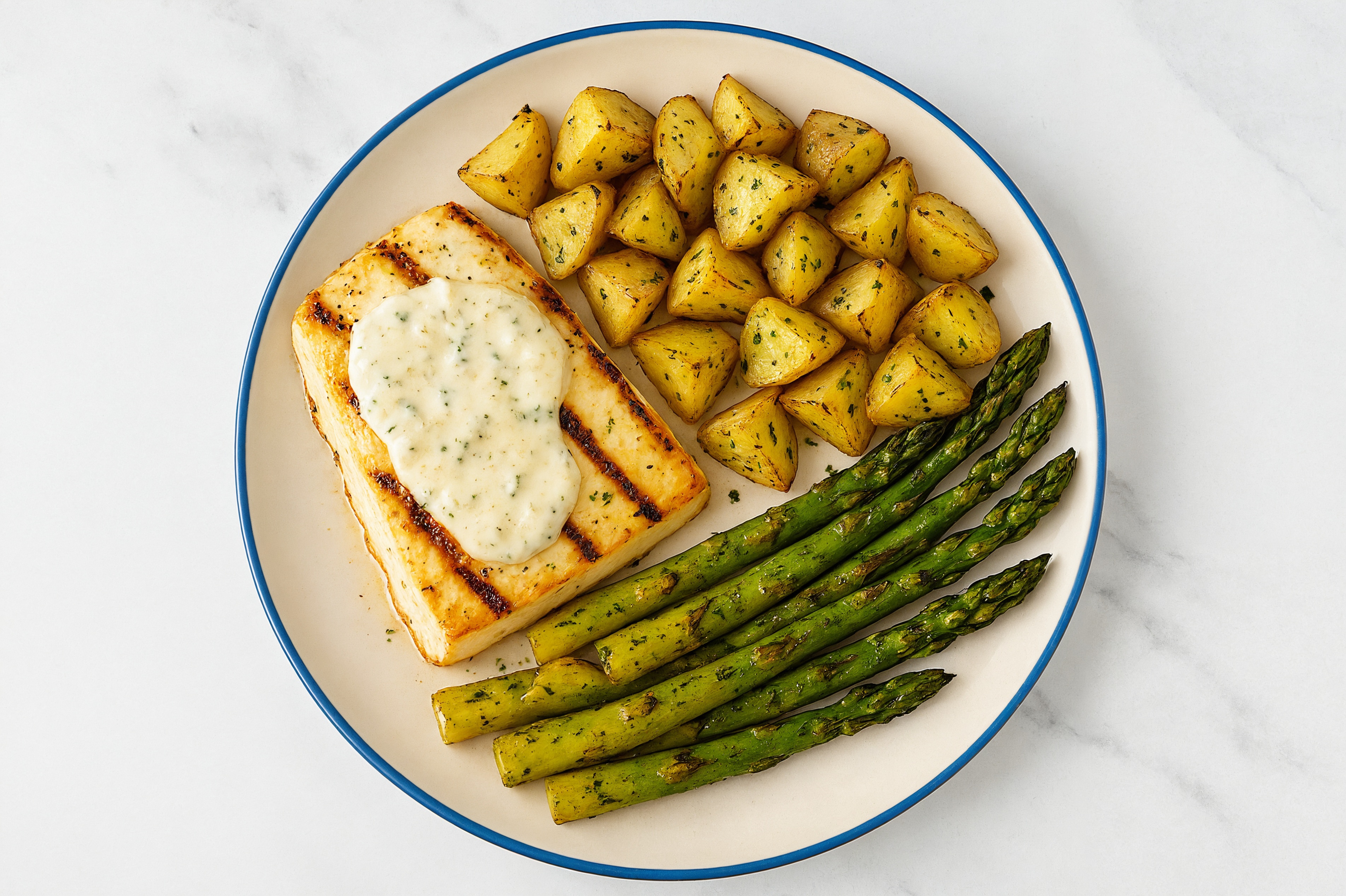 Herby Grilled Garlicky Halibut with Charred Veggies