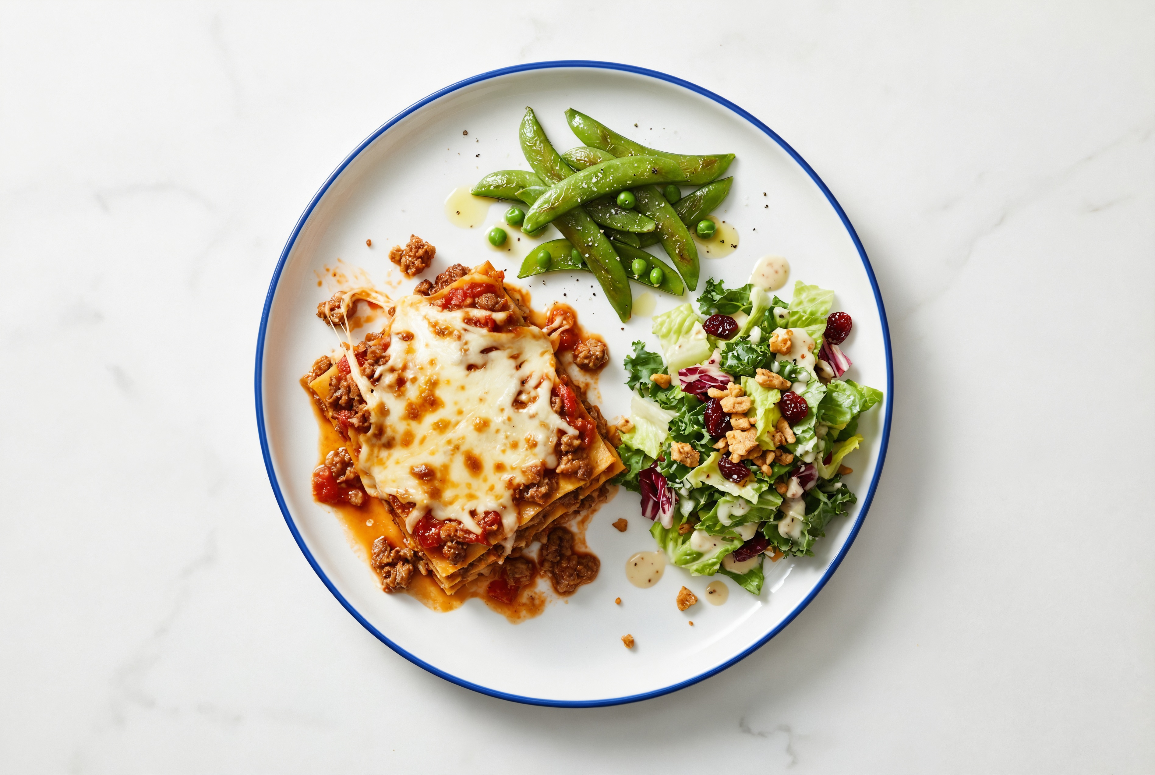 Lasagna Bolognese with Snap Peas + Chopped Salad
