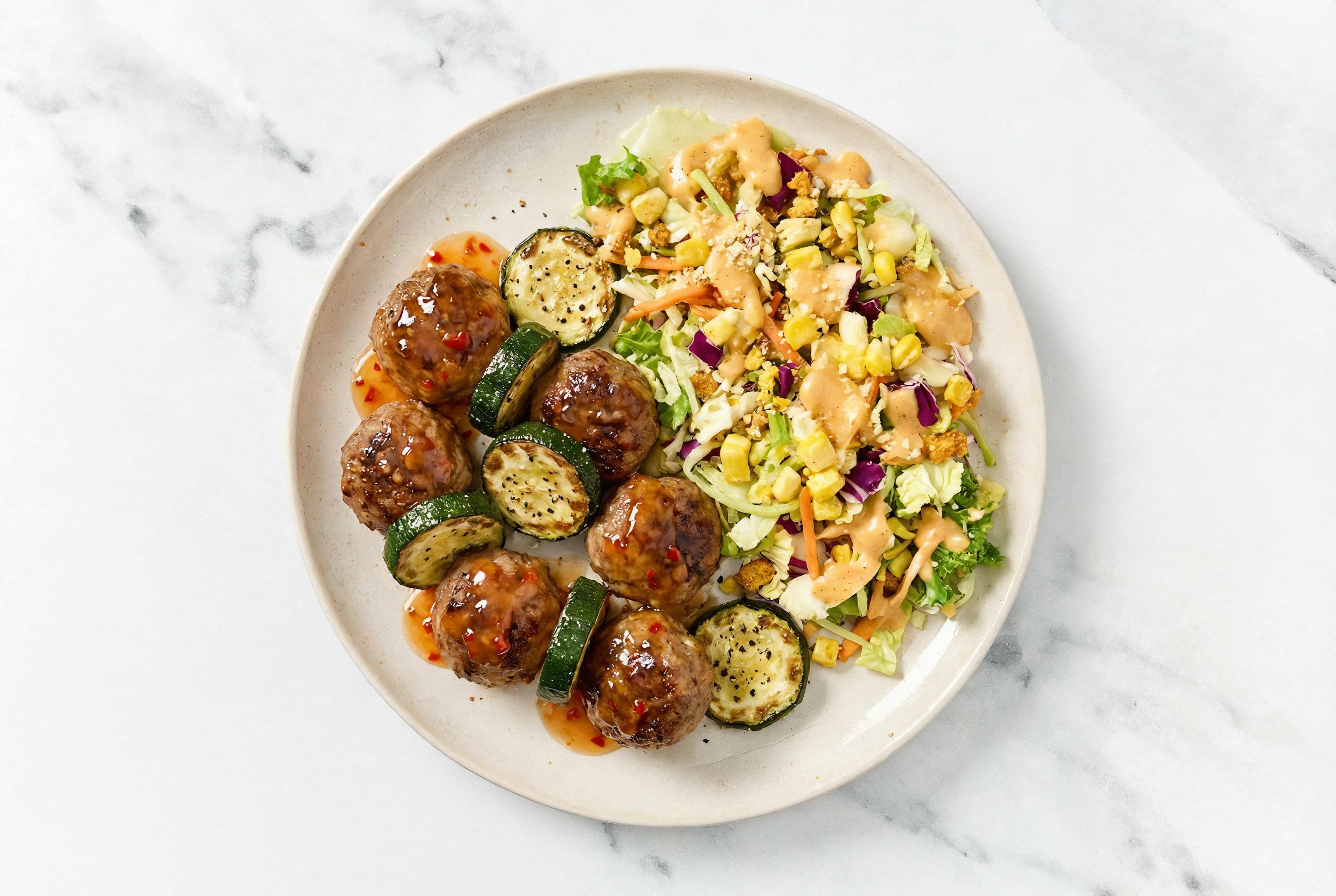 Sweet Chili Baked Lamb Meatballs & Zucchini with Street Corn Salad