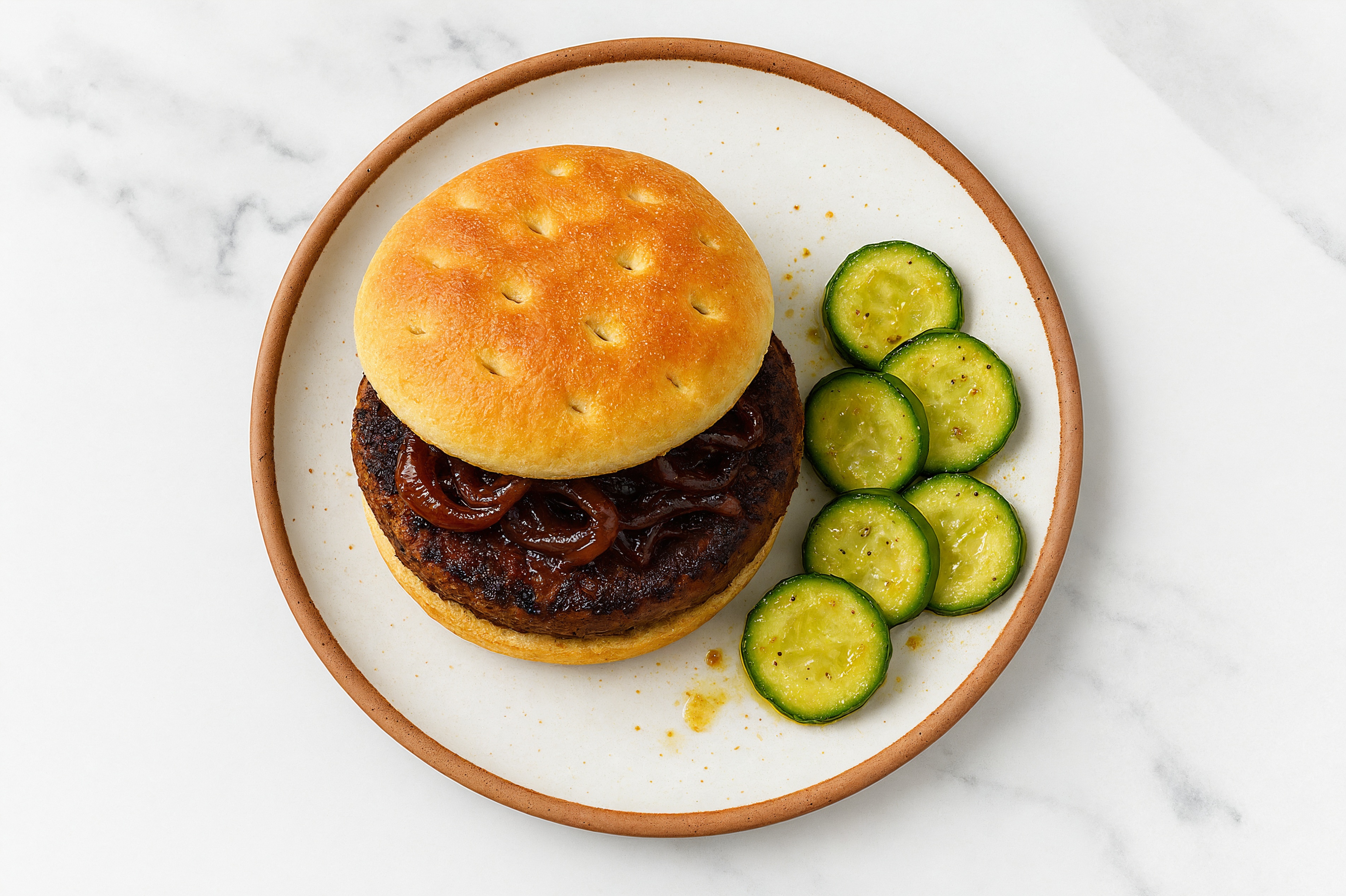 Curry Onion Beyond Burger + Cucumber Salad