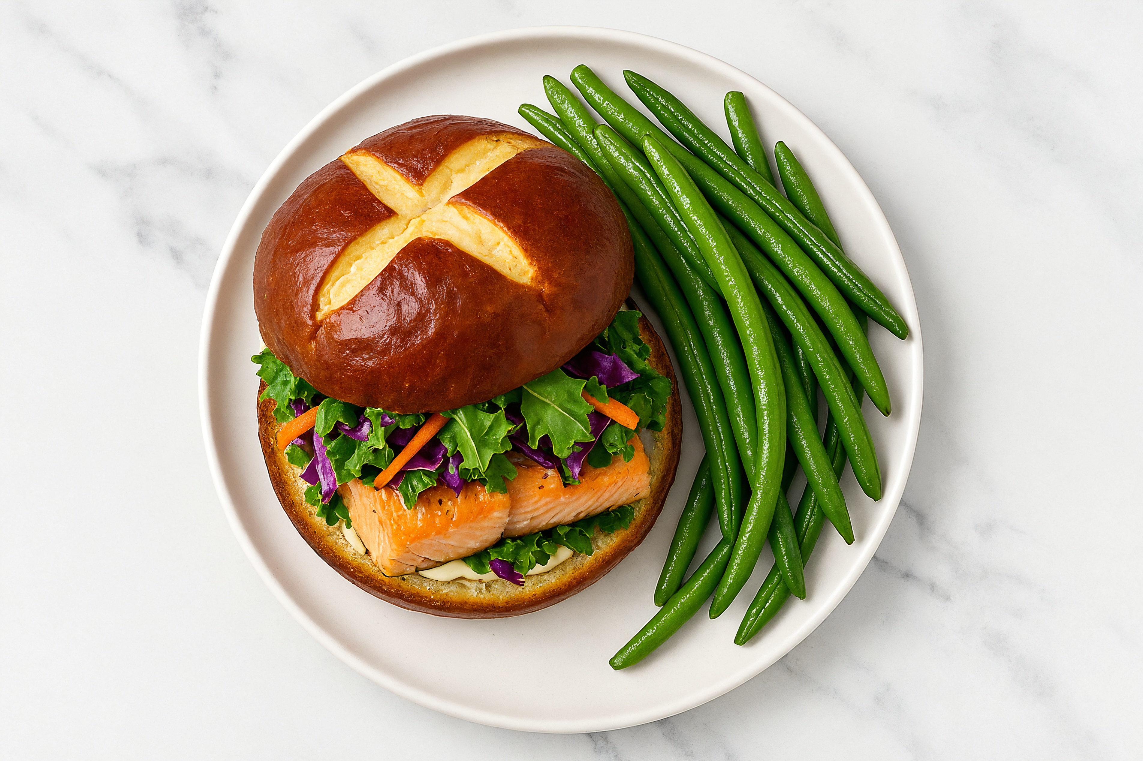 Horseradish Salmon Sandwich on Pretzel Bun with Rainbow Veggies + Green Beans