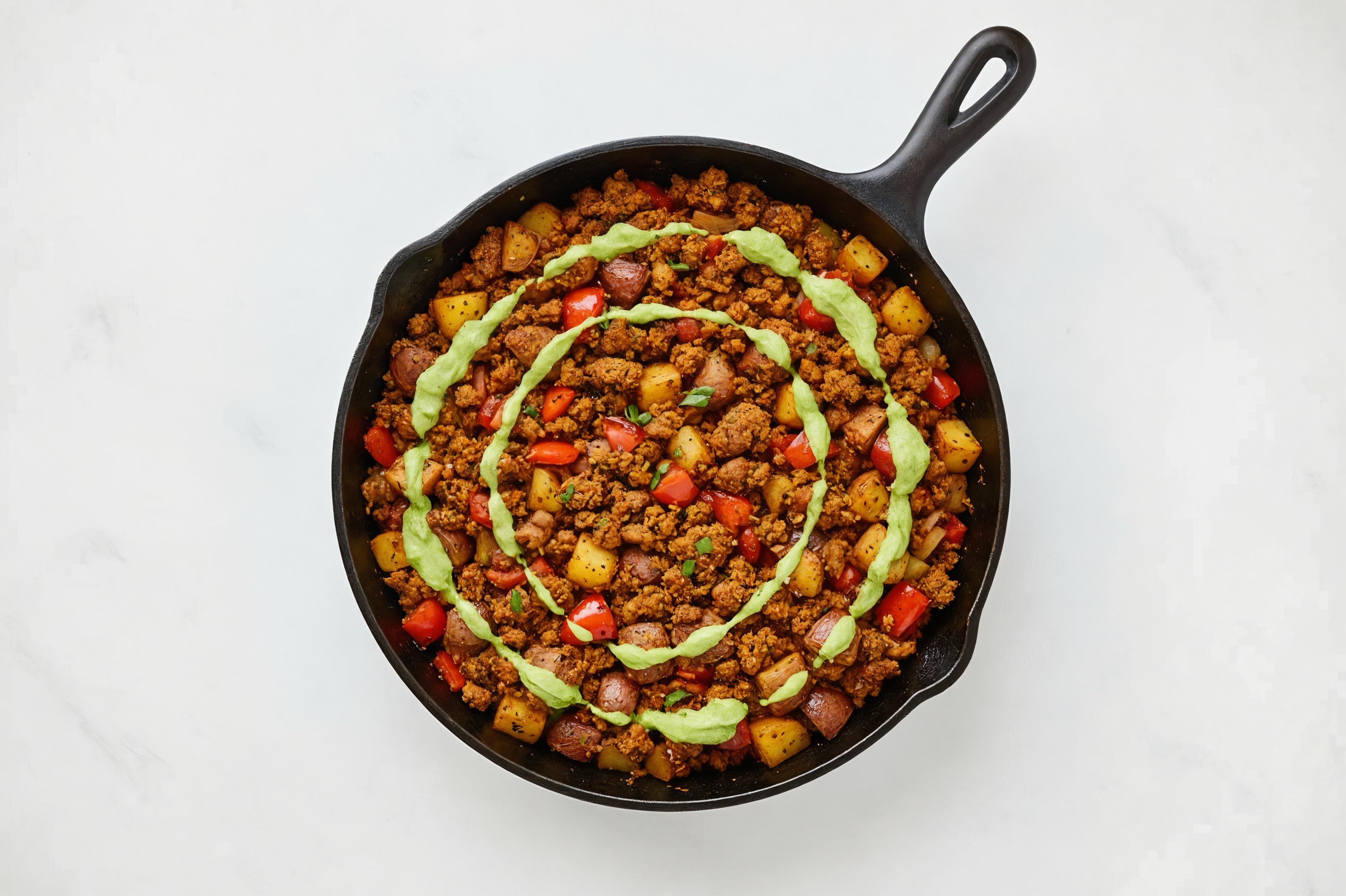 Herby Plant-Based Chorizo + Potato Skillet with Red Bell Pepper