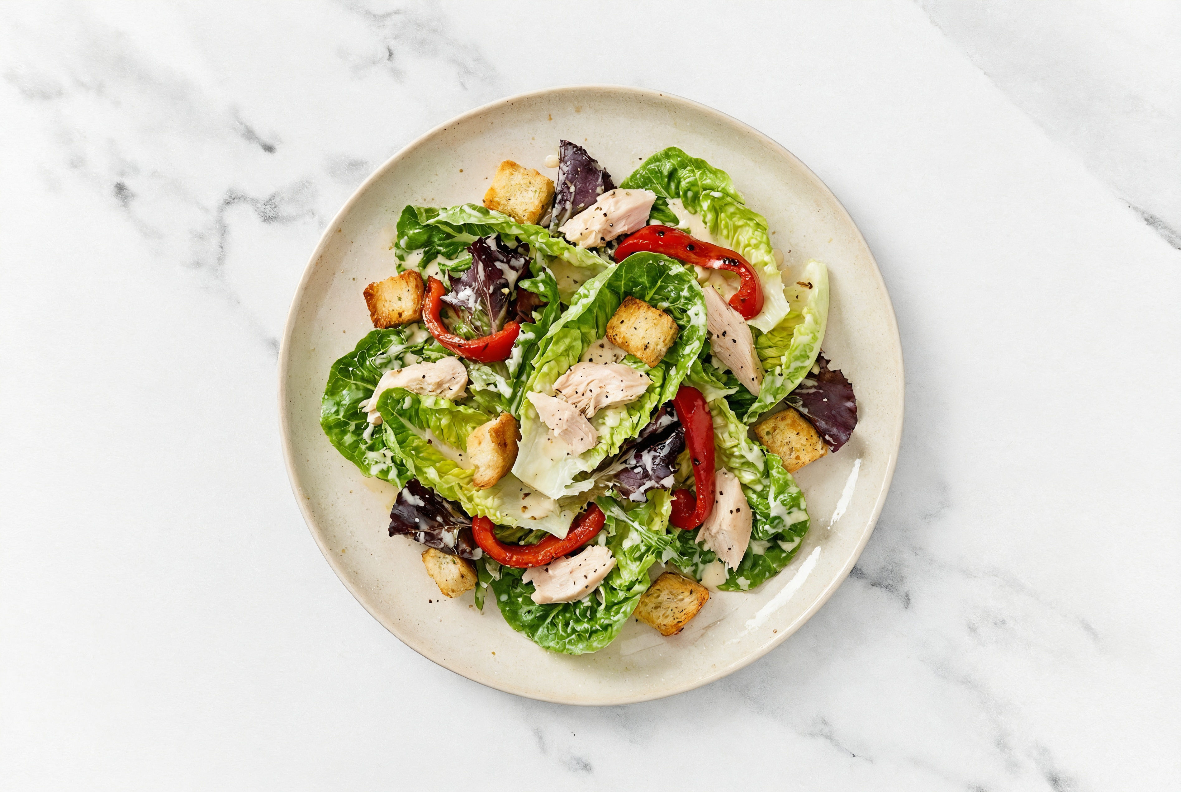 Quick Little Gem Salad with Salt + Pepper Chicken + Flame Roasted Bell Peppers