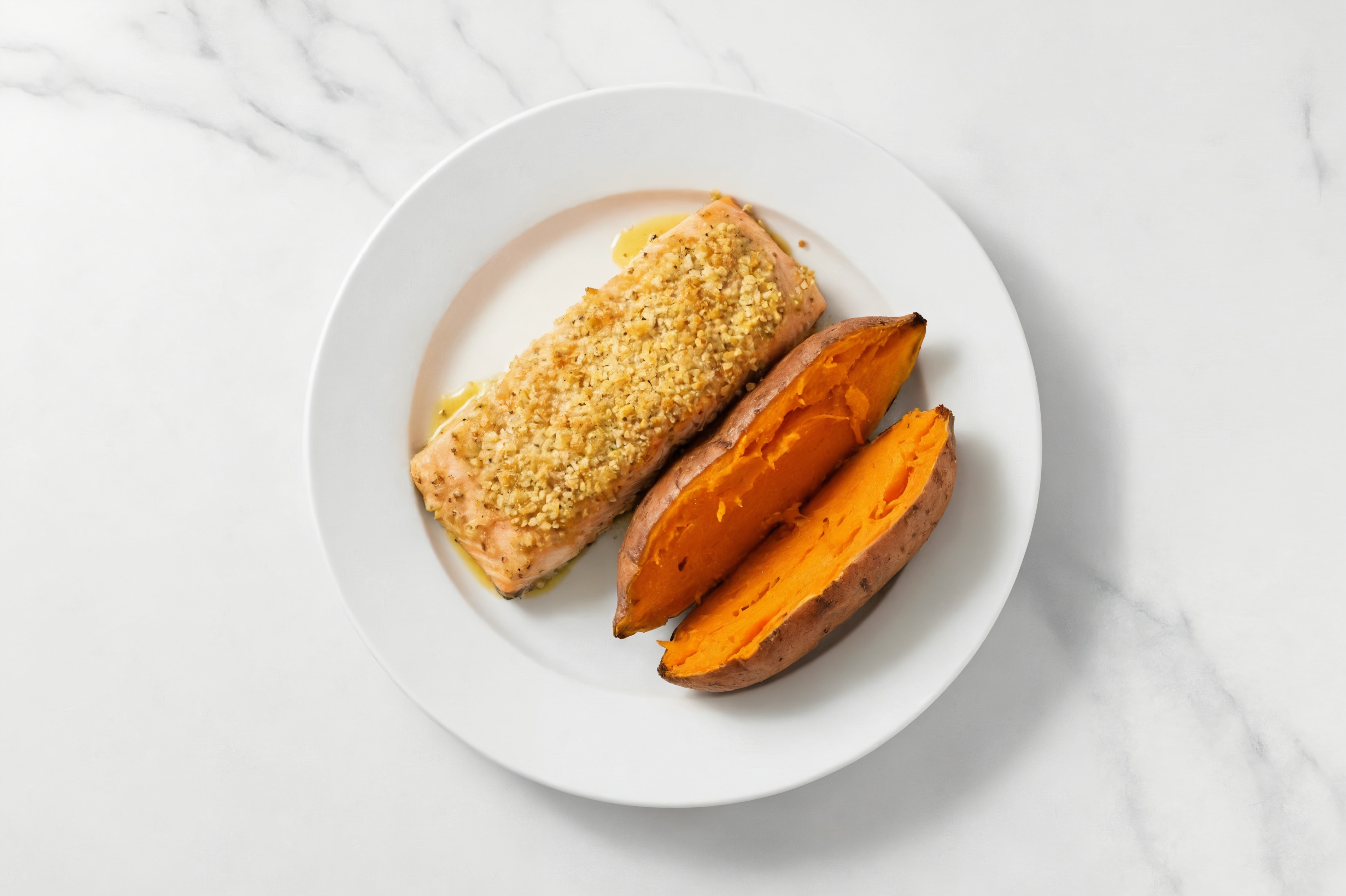 Honey Mustard Crusted Salmon + Sweet Potato