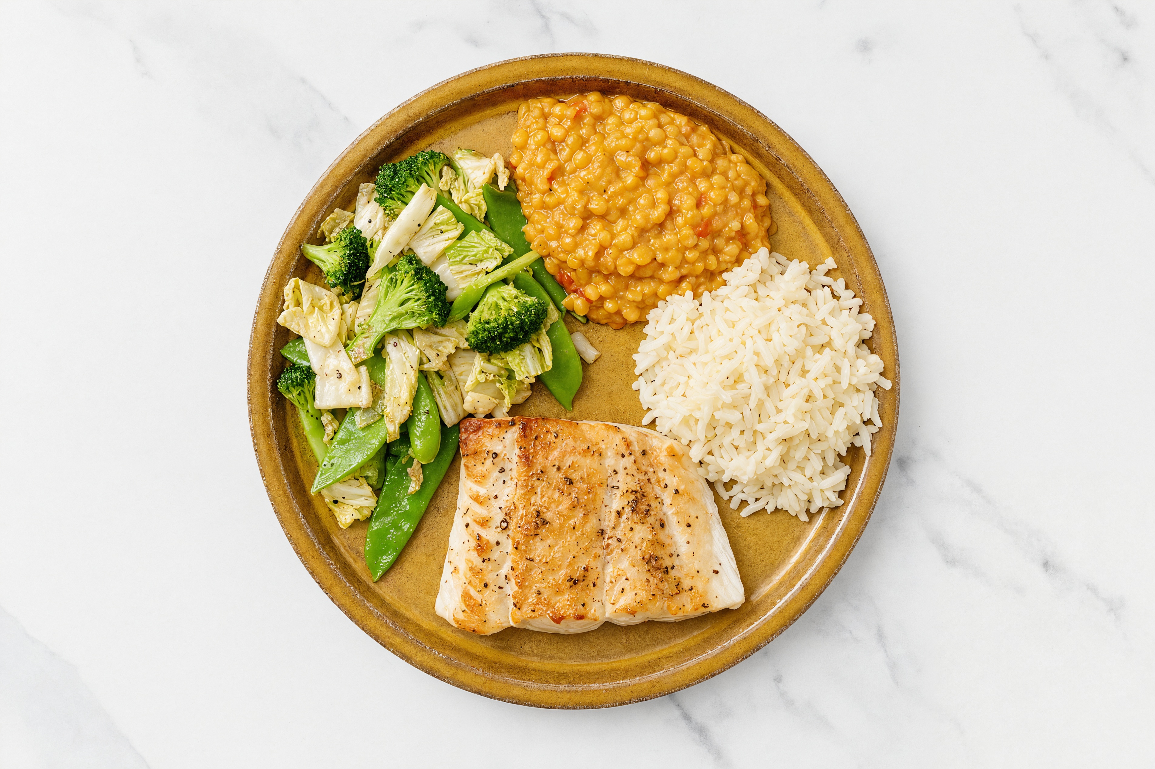 Seared Barramundi + Bok Choy Red Lentil Bowl with Long Grain White Rice