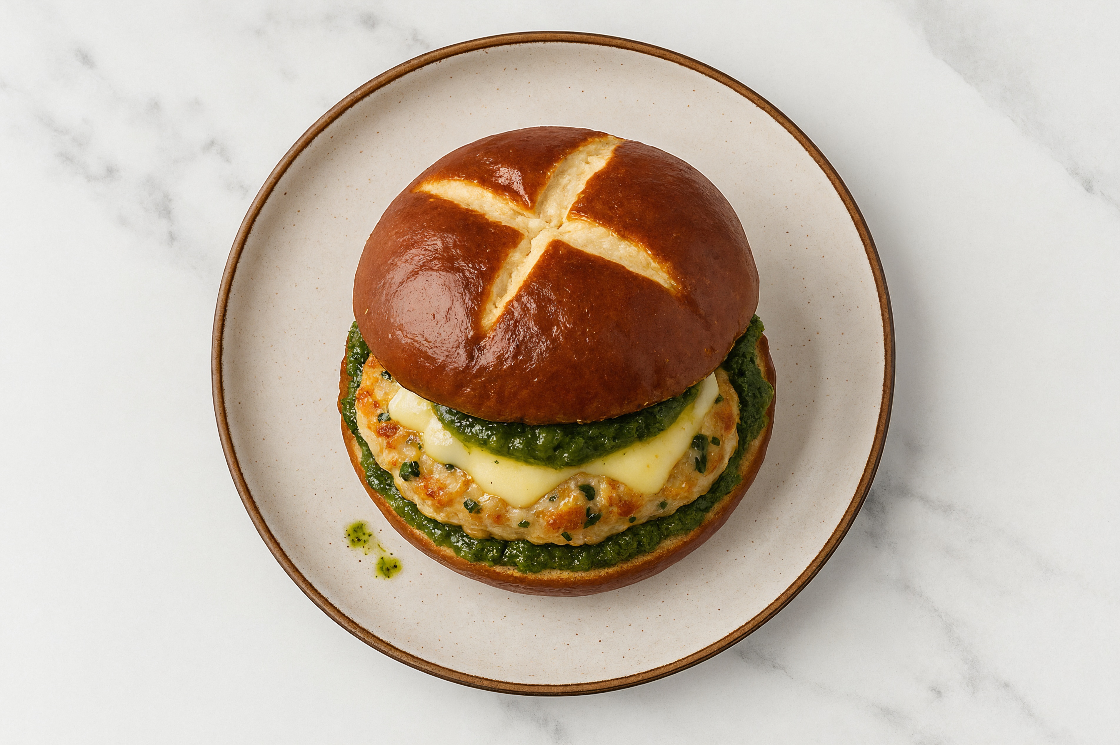 Garlic Chicken Burger on Pretzel with Spinach Pesto & Havarti
