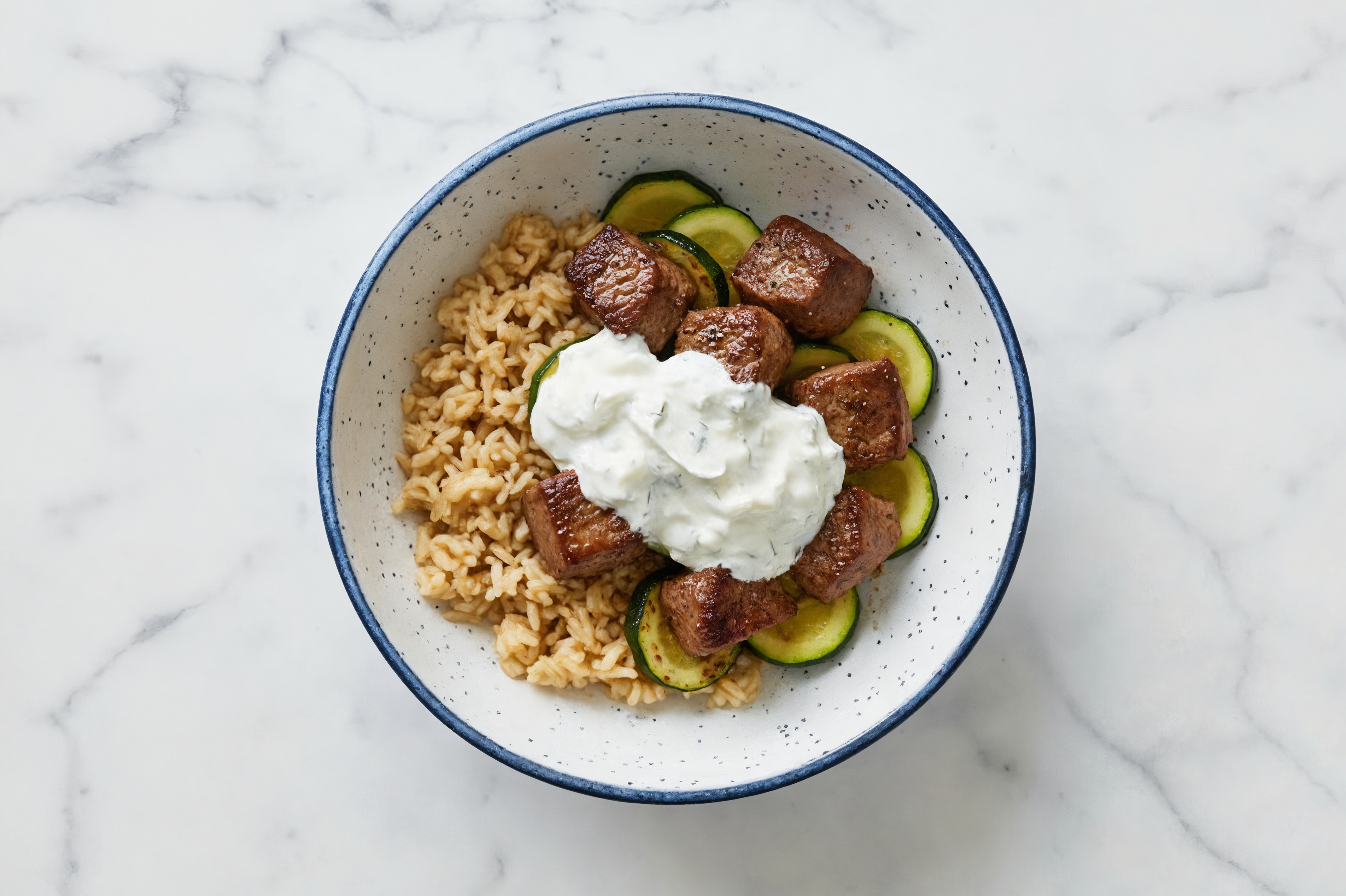 Greek Seared Lamb + Organic Brown Rice Bowl with Fresh Zucchini