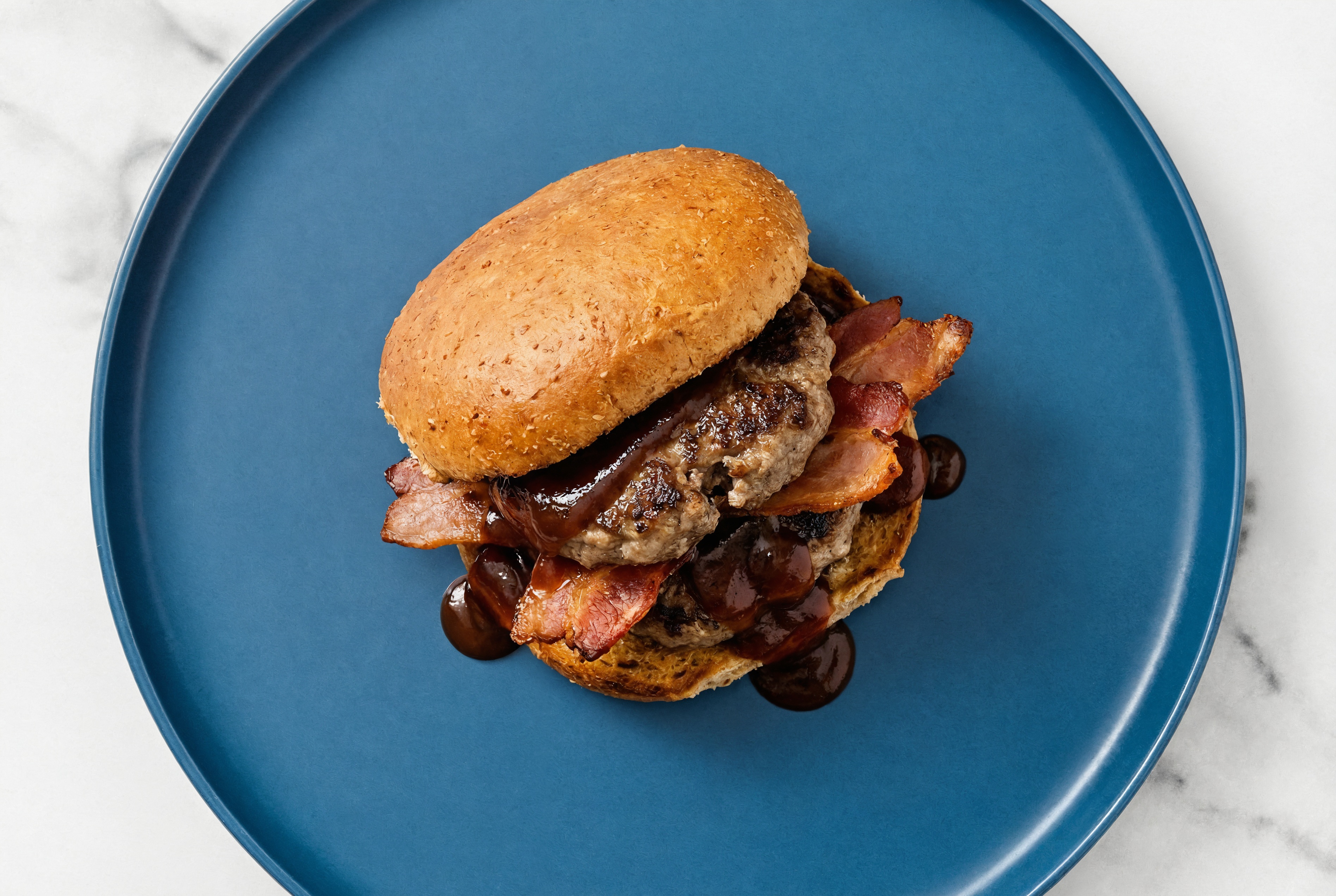 Lamb Burger on Sprouted Grain with BBQ & Turkey Bacon with Original BBQ Sauce
