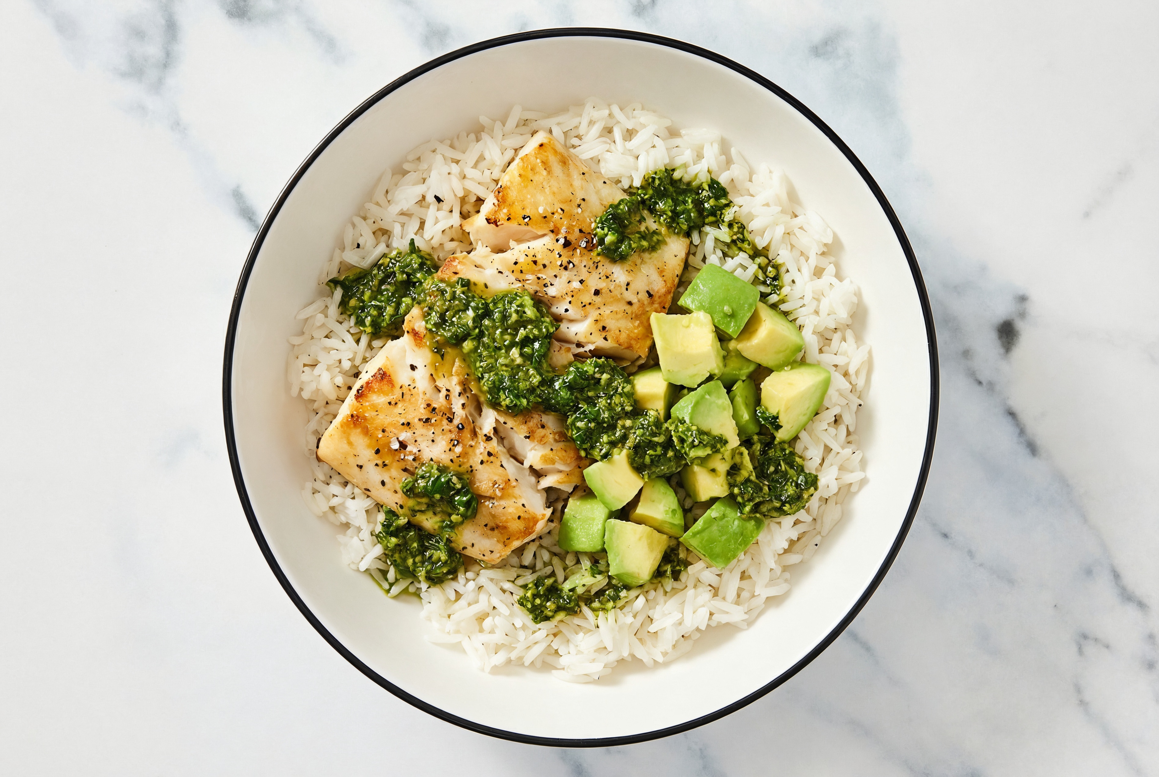 Albacore Halibut & Avocado Grain Bowl with Kale Spinach Pesto