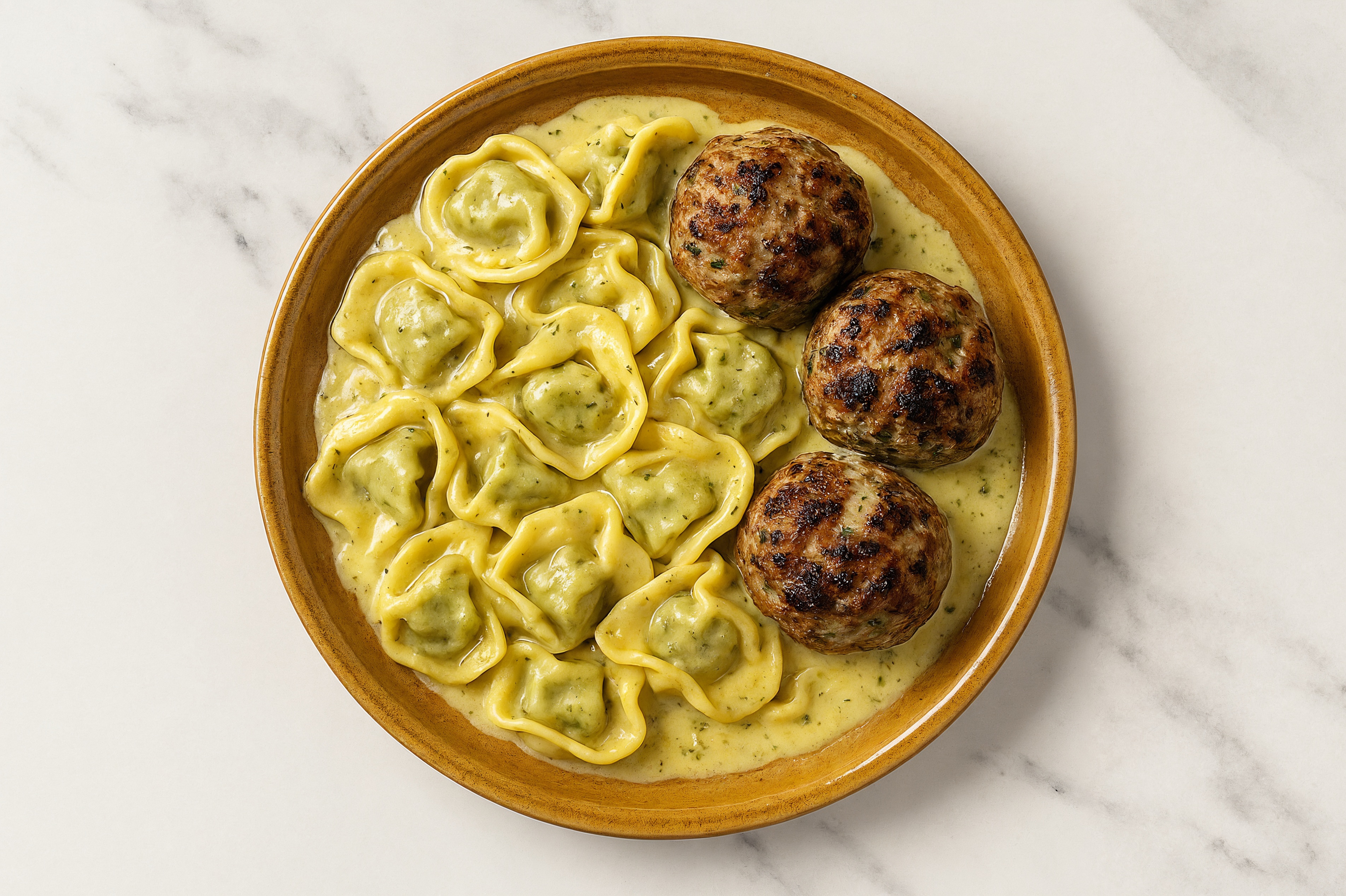 Herb Cream Tortellini with Cooked + Seasoned Turkey Meatballs