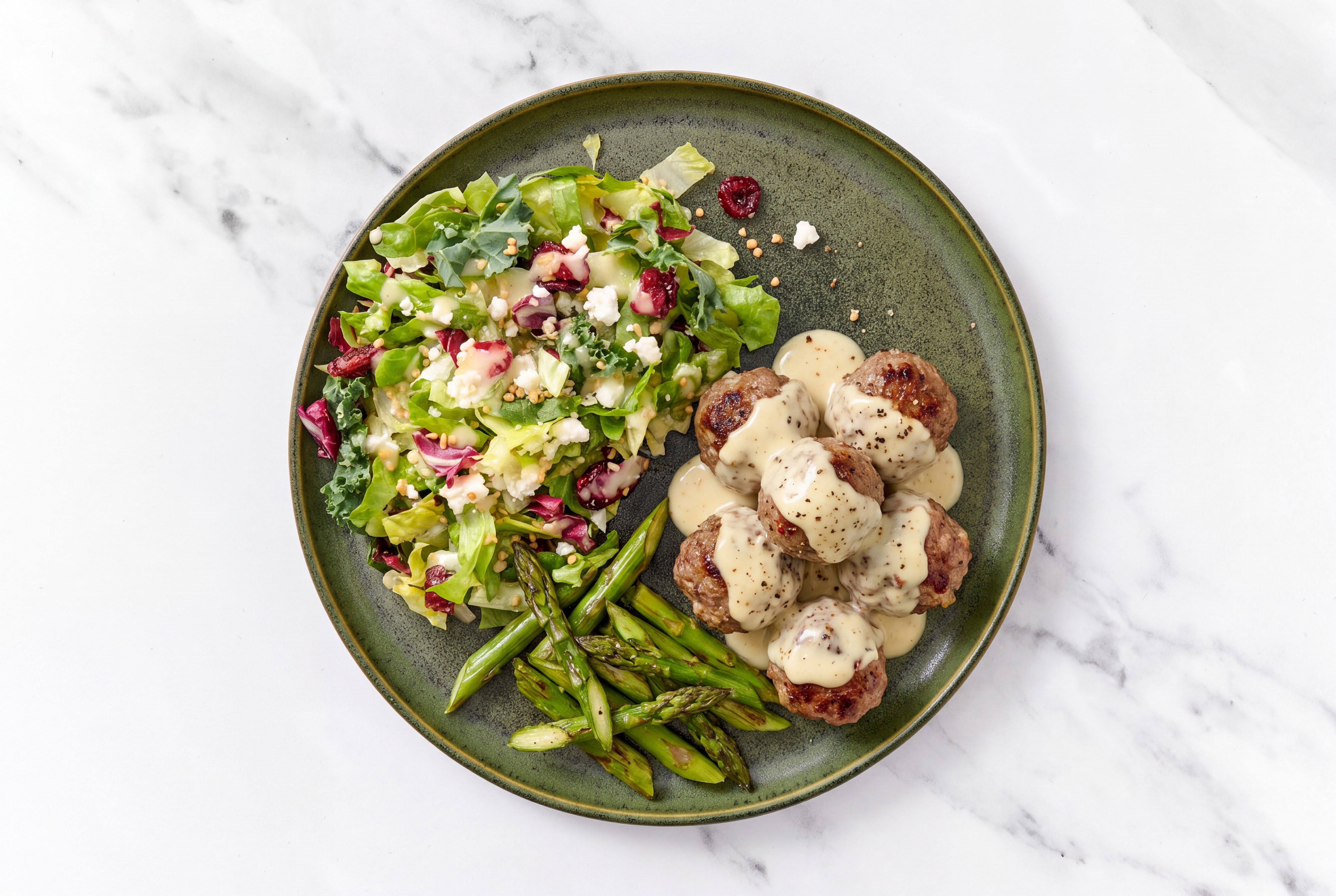 Horseradish Baked 93/7 Lean Ground Beef Meatballs & Asparagus with Honey Citrus Salad