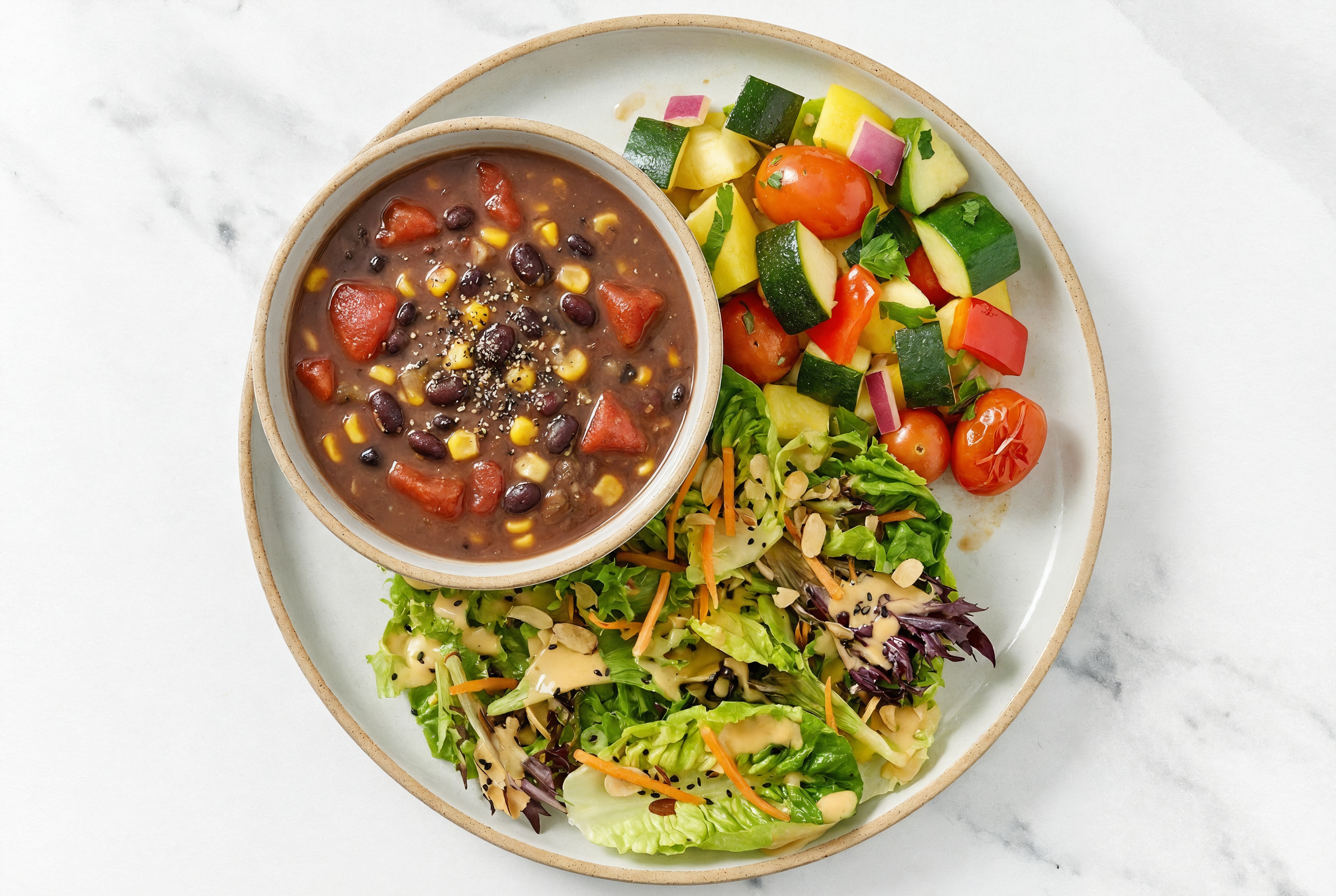Savory Black Bean Soup with Squash Skillet + Little Gem Salad