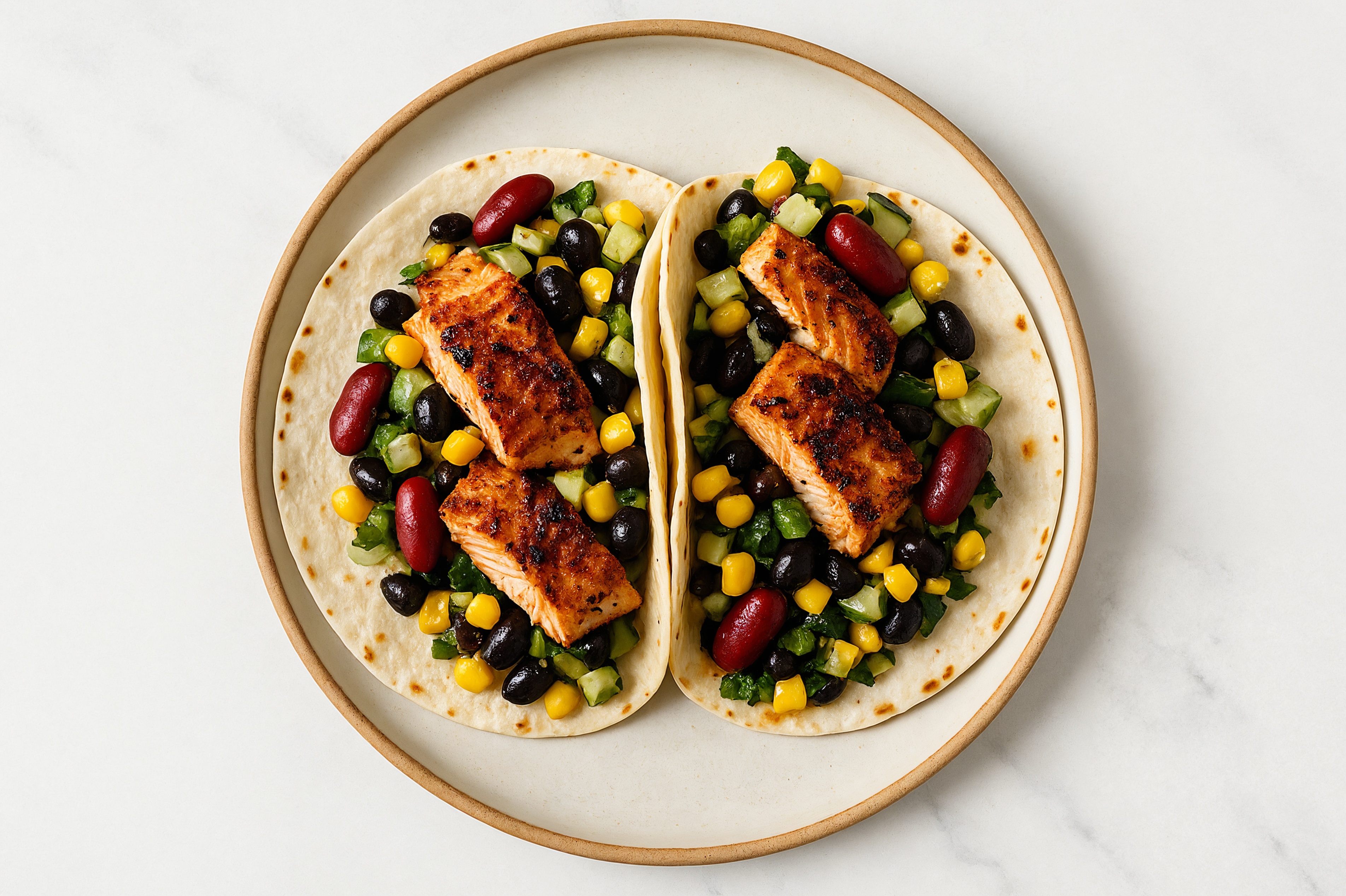  Blackened Salmon Tacos with Bean Salad
