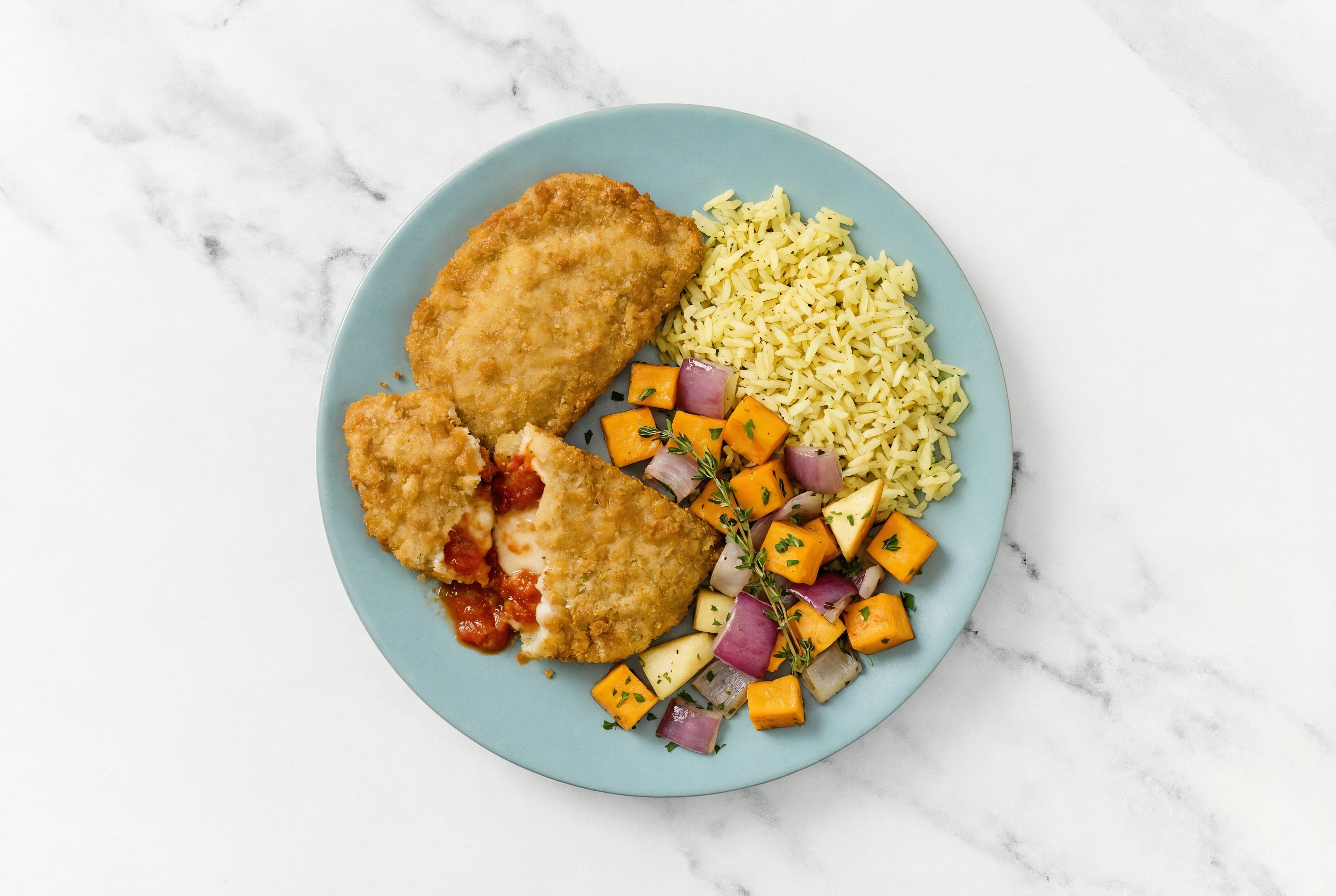 "Chicken" Parm with Roasting Veggies & Jasmine Rice
