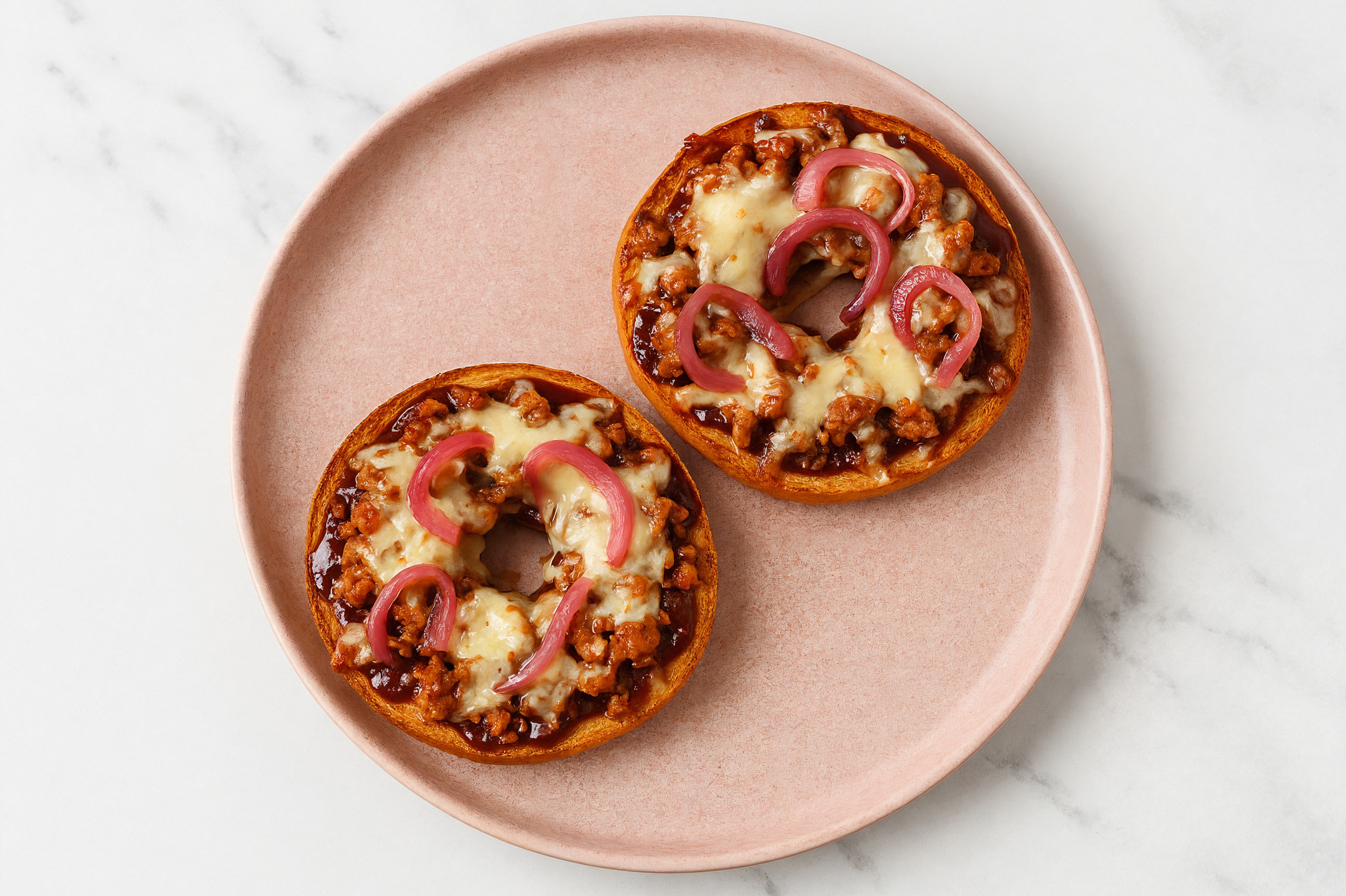 BBQ Turkey Sausage Pizza Gluten-Free Plain Bagels with Pickled Onion