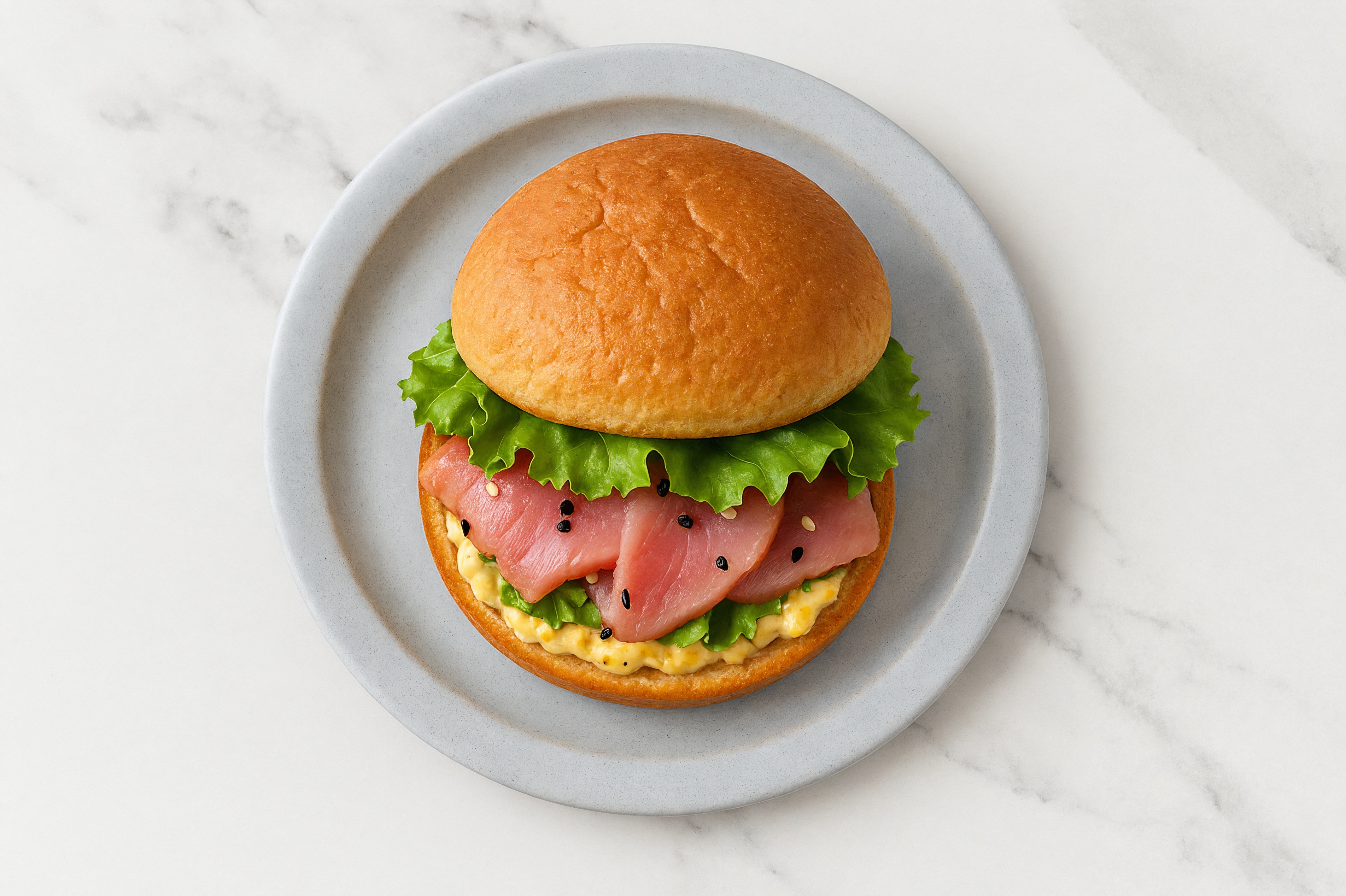 Street Corn Smoked Tuna Sandwich with Green Leaf Lettuce on Gluten-Free Buns