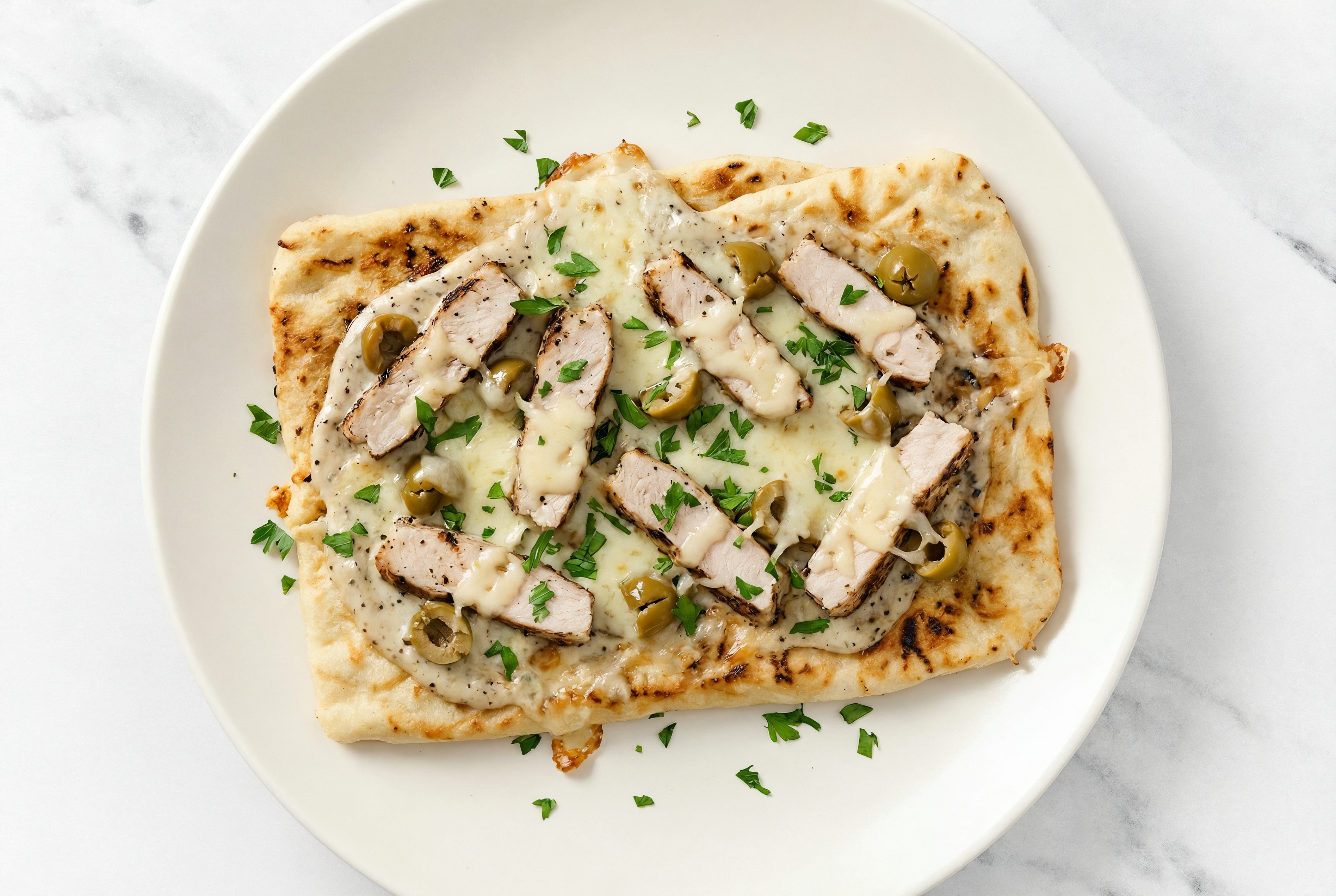 Truffle Pork + Green Olives Pizza with Parsley with Grated Parmesan Cheese
