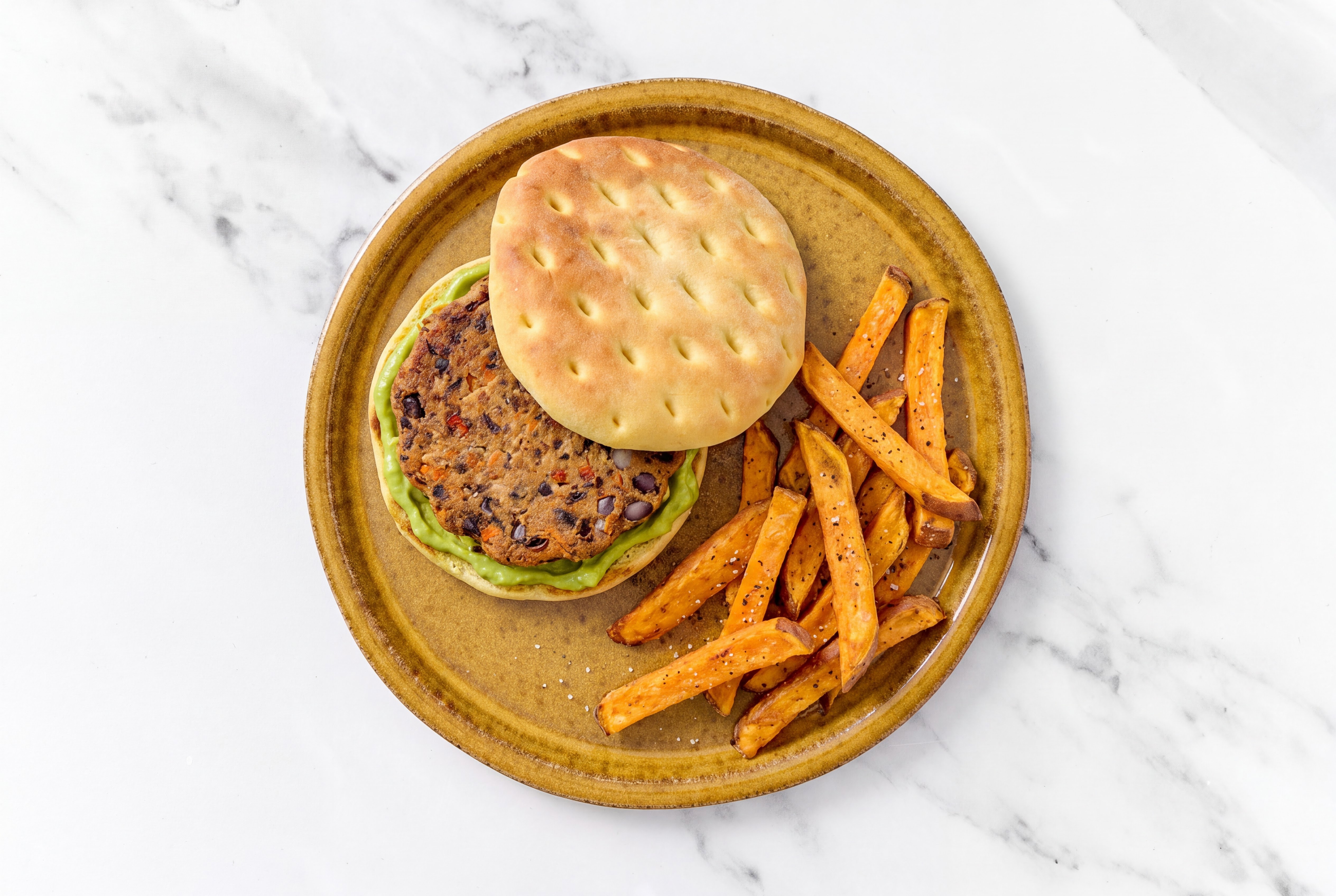 Herby Creamy Avo Veggie Black Bean Burger Patties + Sweet Potato Fries