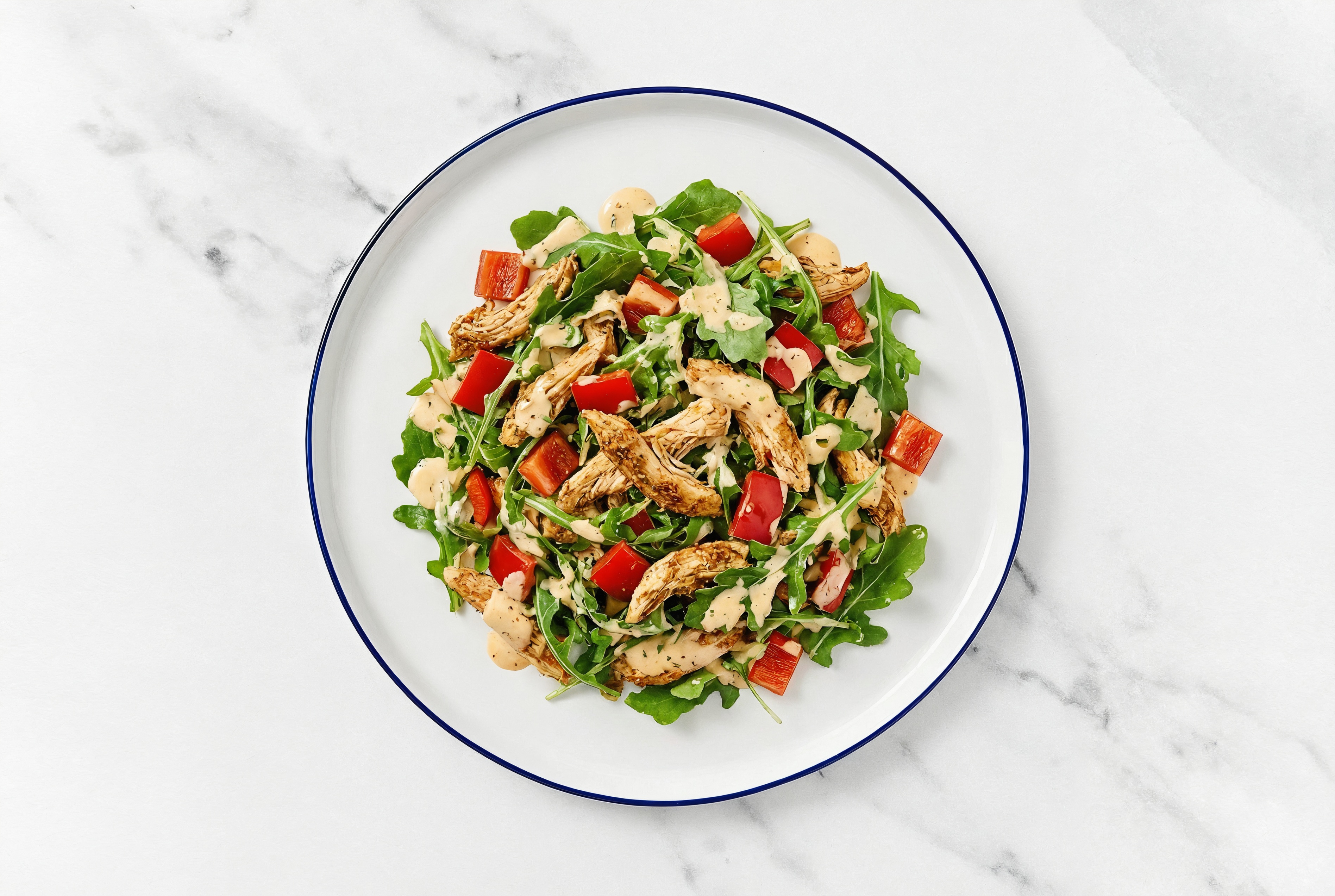 Chile Chicken + Buffalo Ranch Arugula Salad with Red Bell Pepper