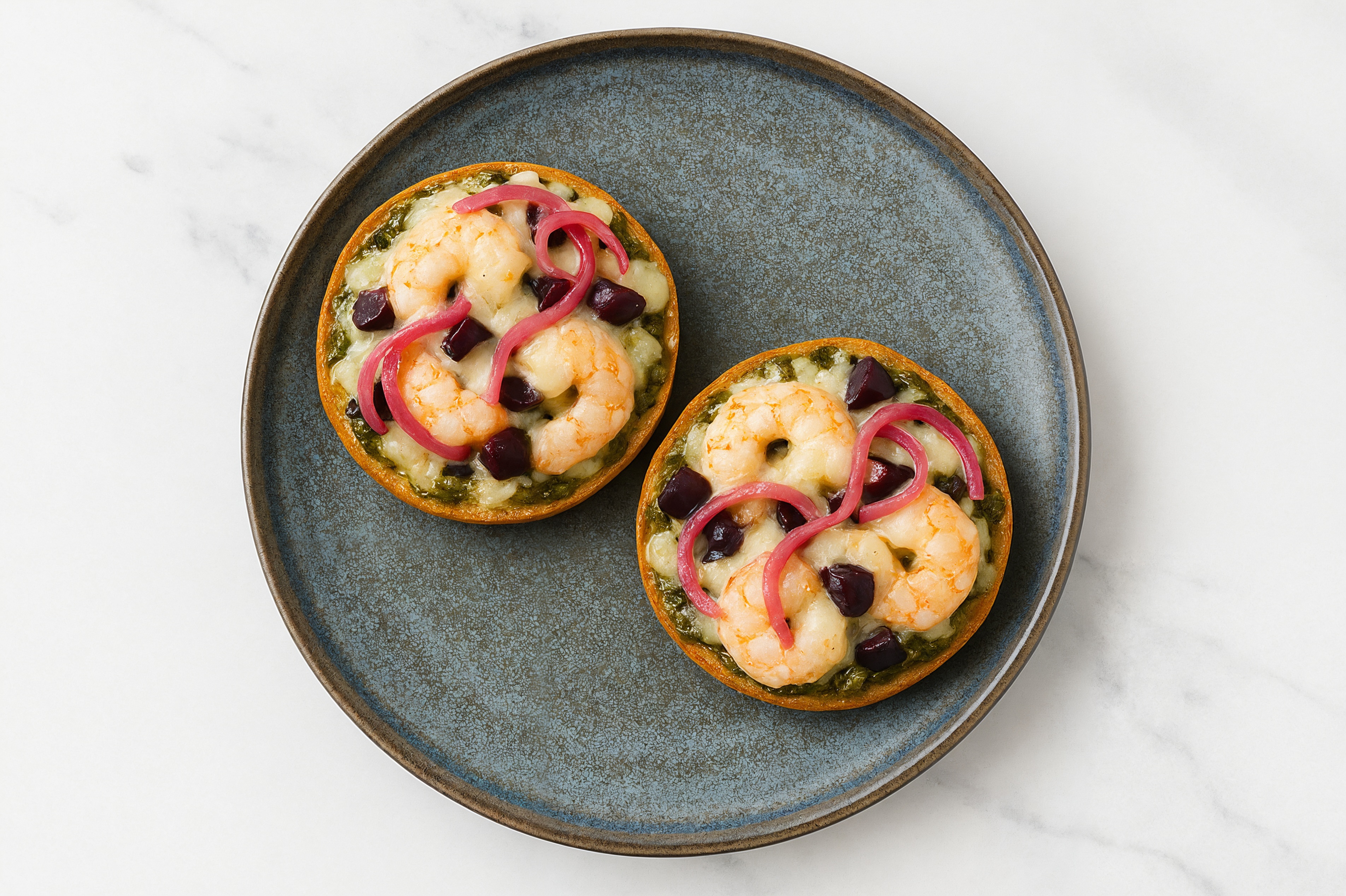 Pesto Gulf Shrimp + Olives Pizza Gluten-Free Plain Bagels with Pickled Onion