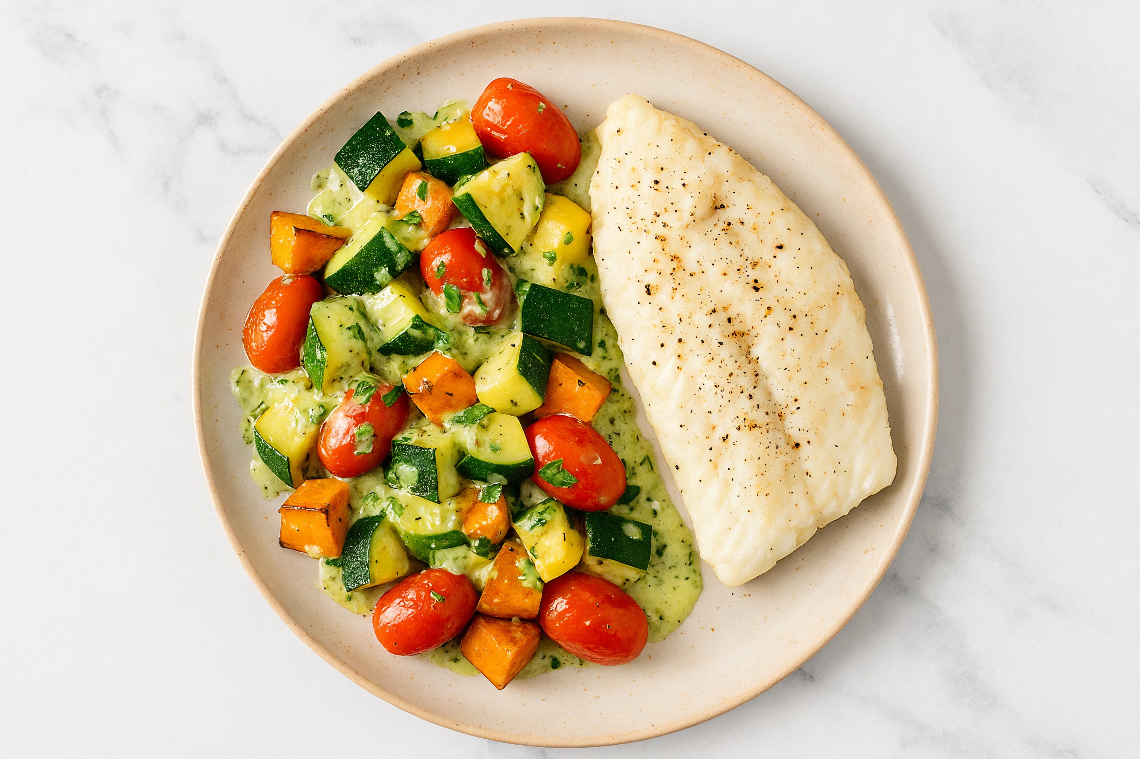 Sheet Pan Green Goddess-Cod with Sweet Potatoes & Squash