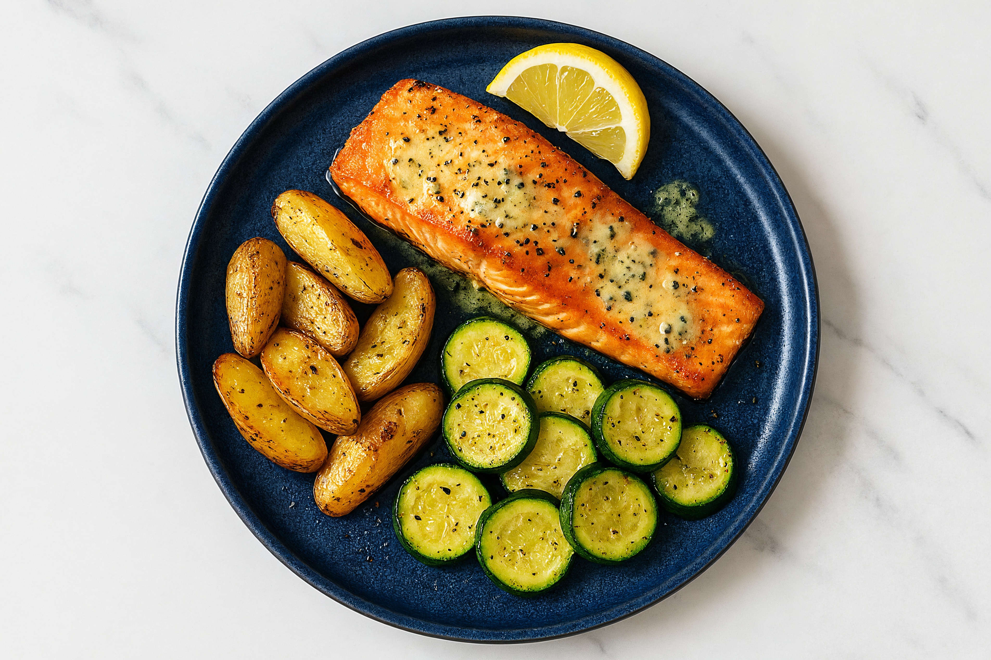 Lemon-Slow Churned & Peppercorn Pasture Butter Salmon with Fingerling Potatoes & Zucchini