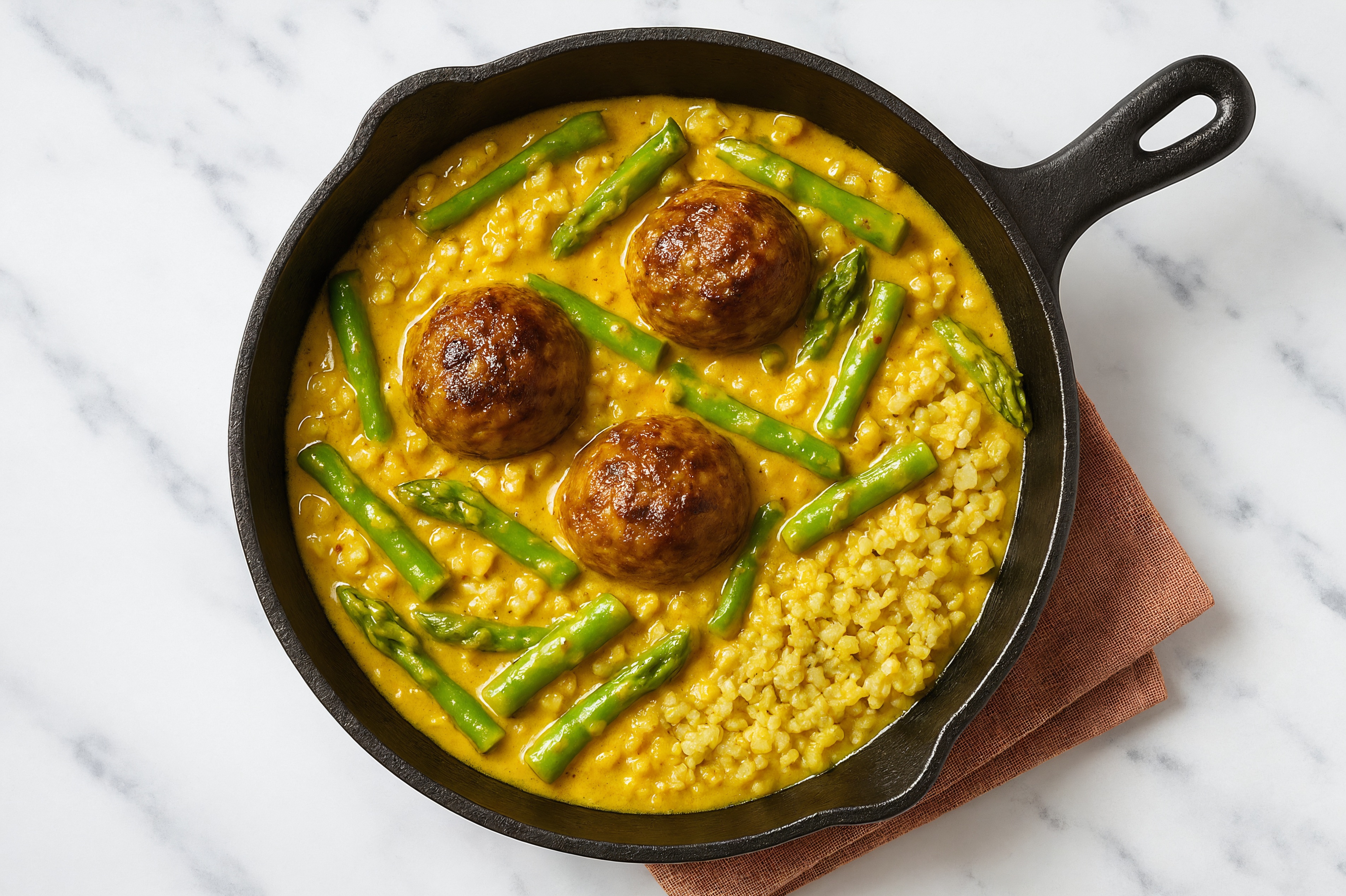 Coconut Curry Meatball Stir-Fry with Asparagus over Riced Cauliflower
