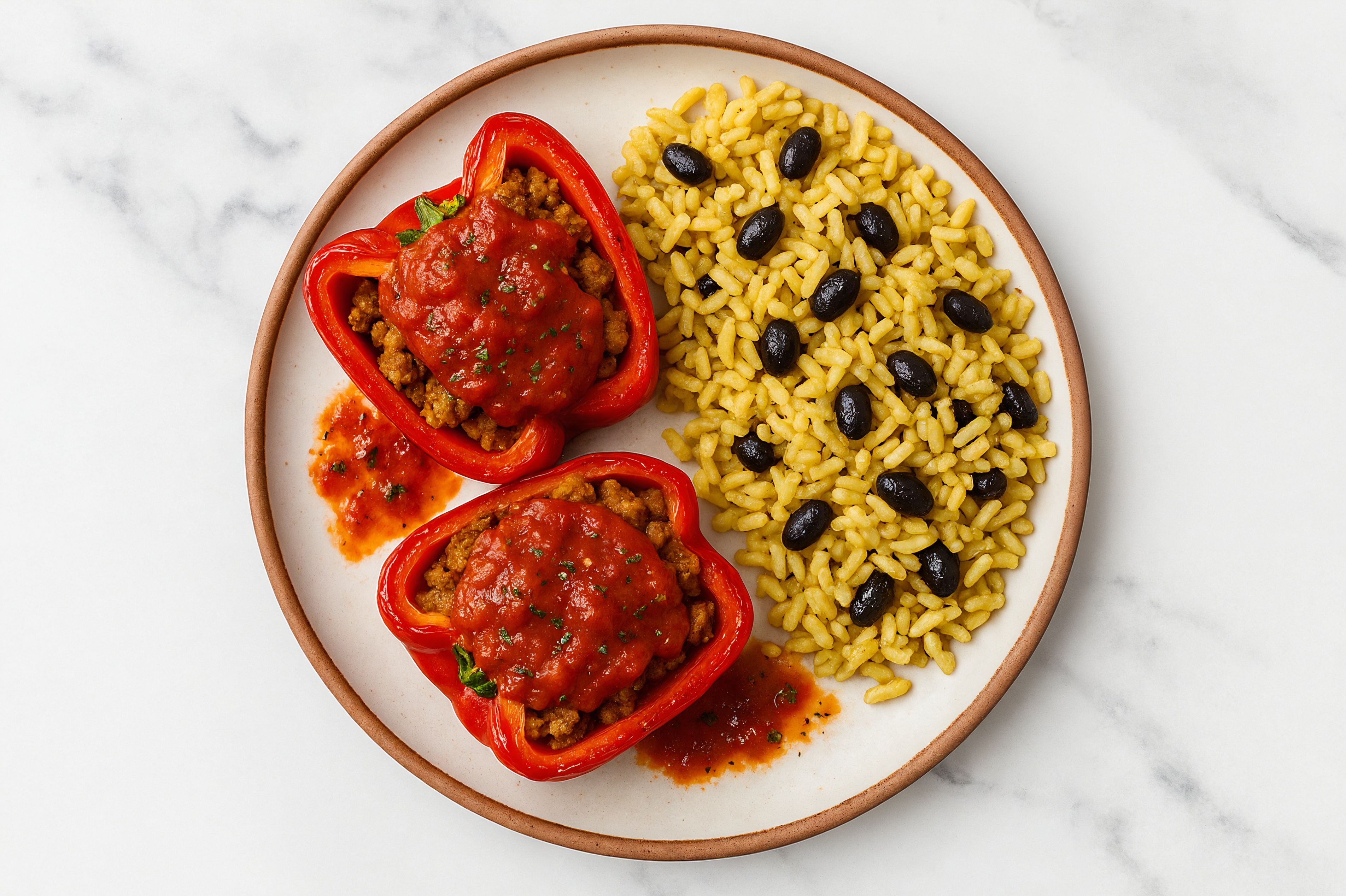 Turkey Sausage Pizza Stuffed Organic Peppers with Seasoned White Rice + Black Beans