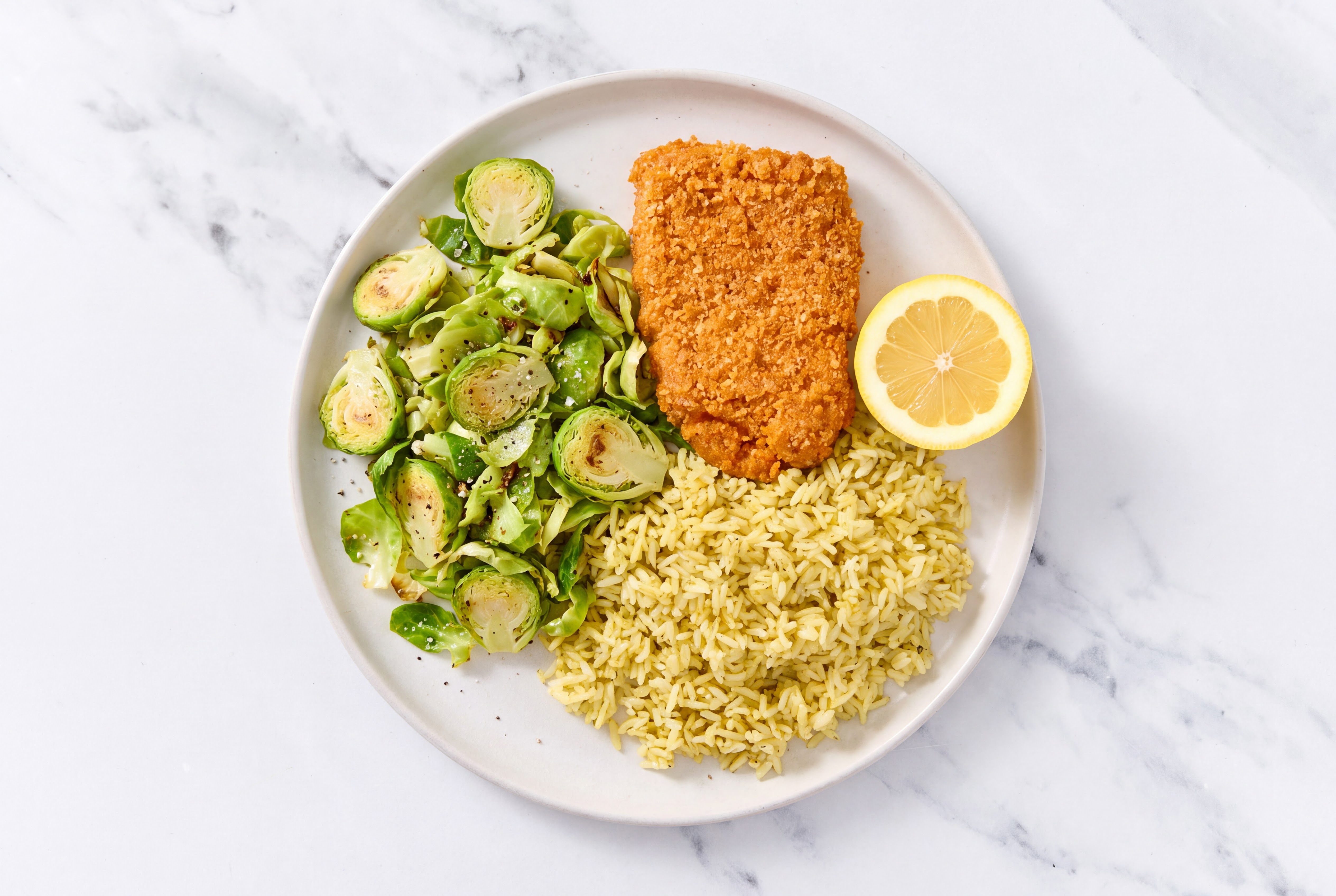 Lemon Hot Honey Breaded Chicken Cutlet with Brussels Sprouts & Jasmine Rice