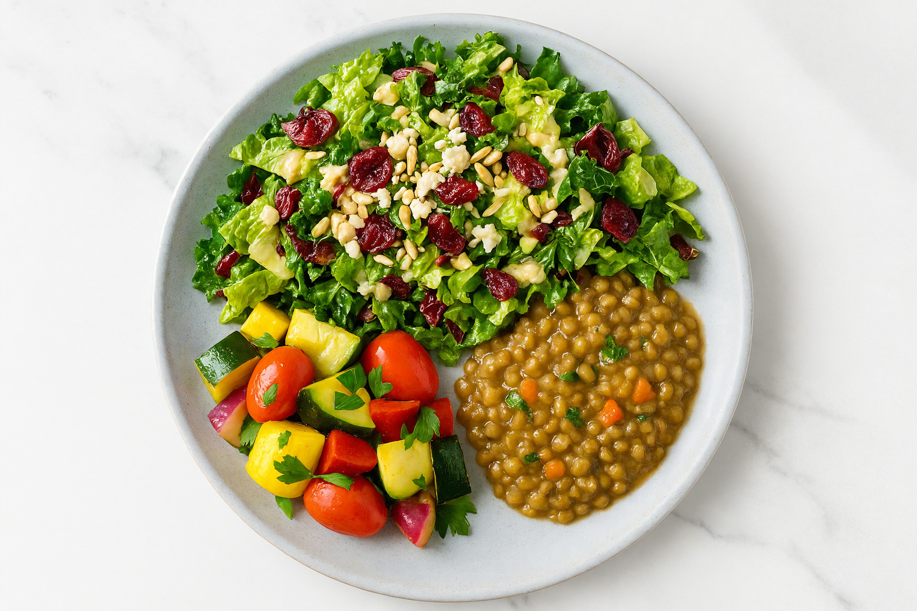 French Mirepoix Lentils with Squash Skillet + Chopped Salad