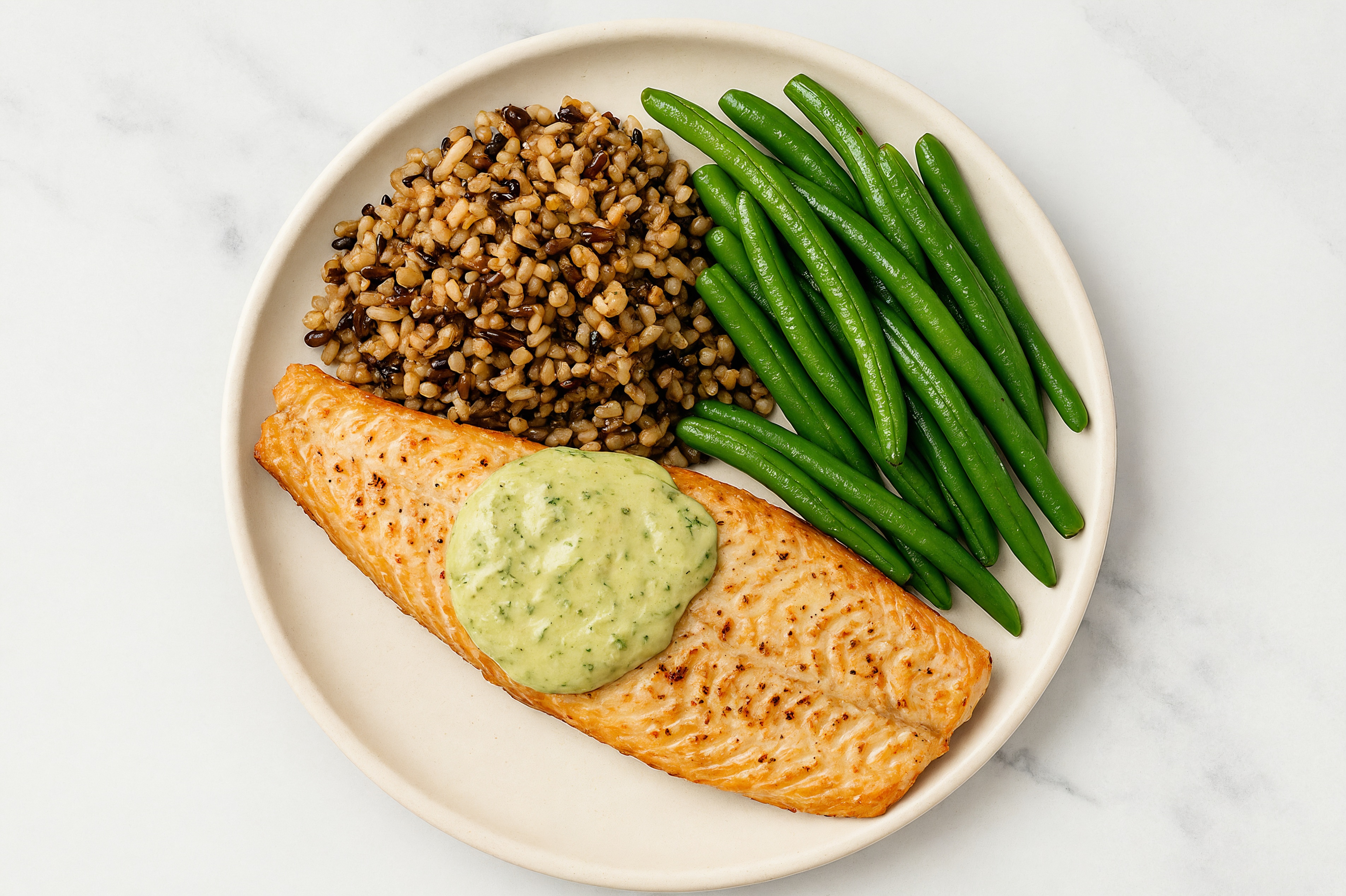 Steelhead Trout & Green Bean Grain Bowl with Spinach Artichoke
