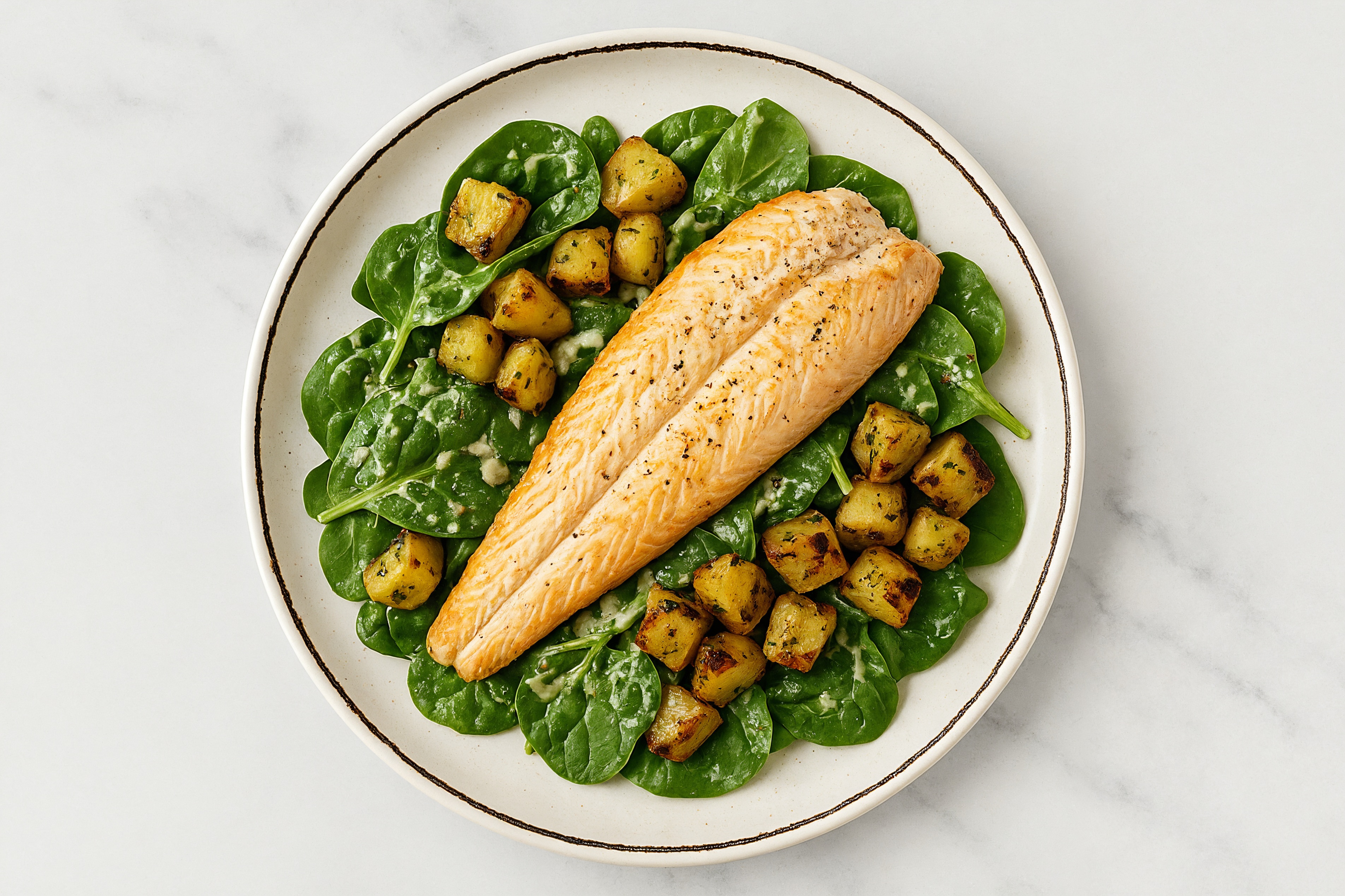 Caesar Trout Spinach Salad + Potatoes
