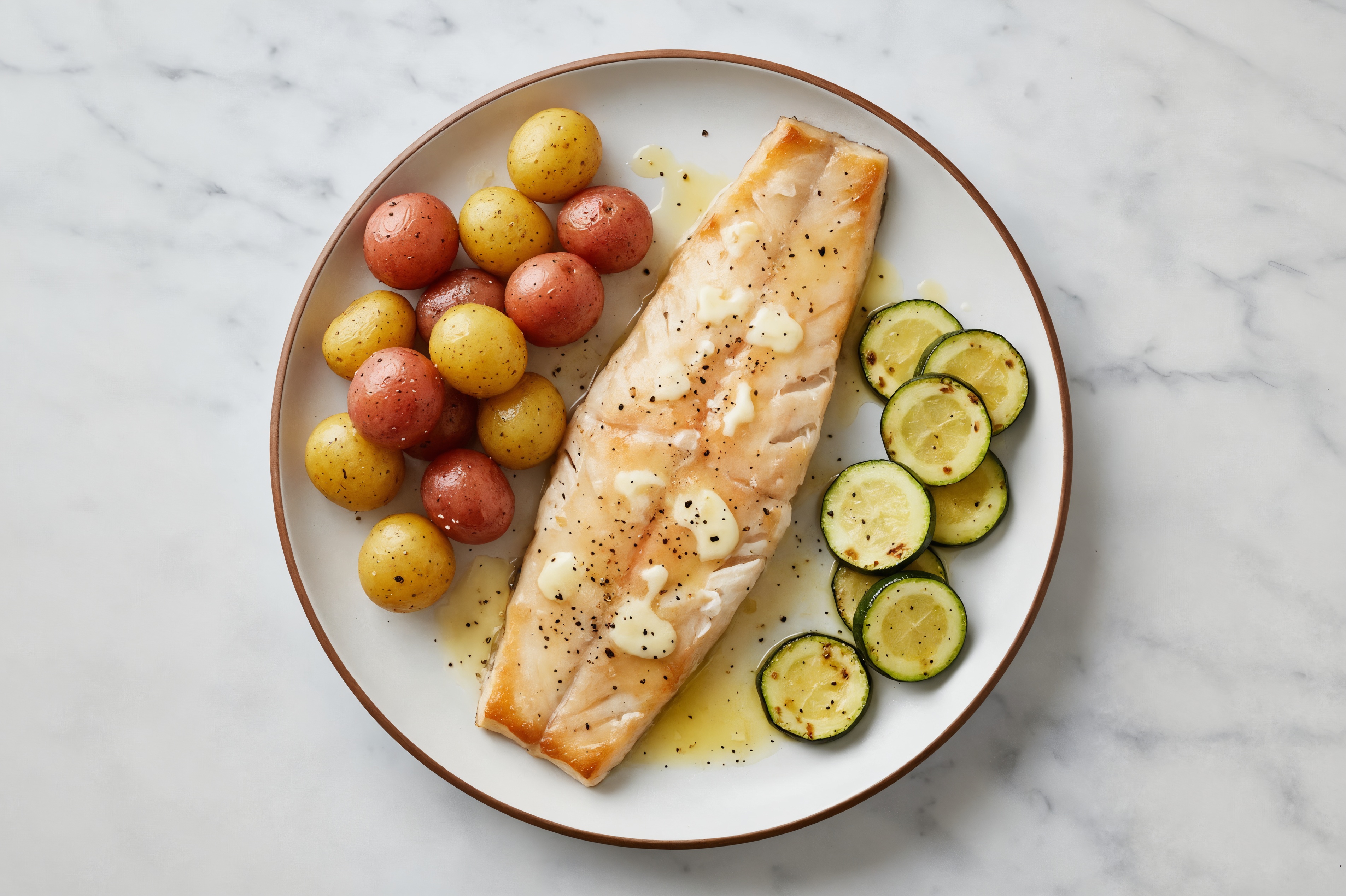 Lemon-Slow Churned Pasture Butter Trout with Creamer Potatoes & Zucchini