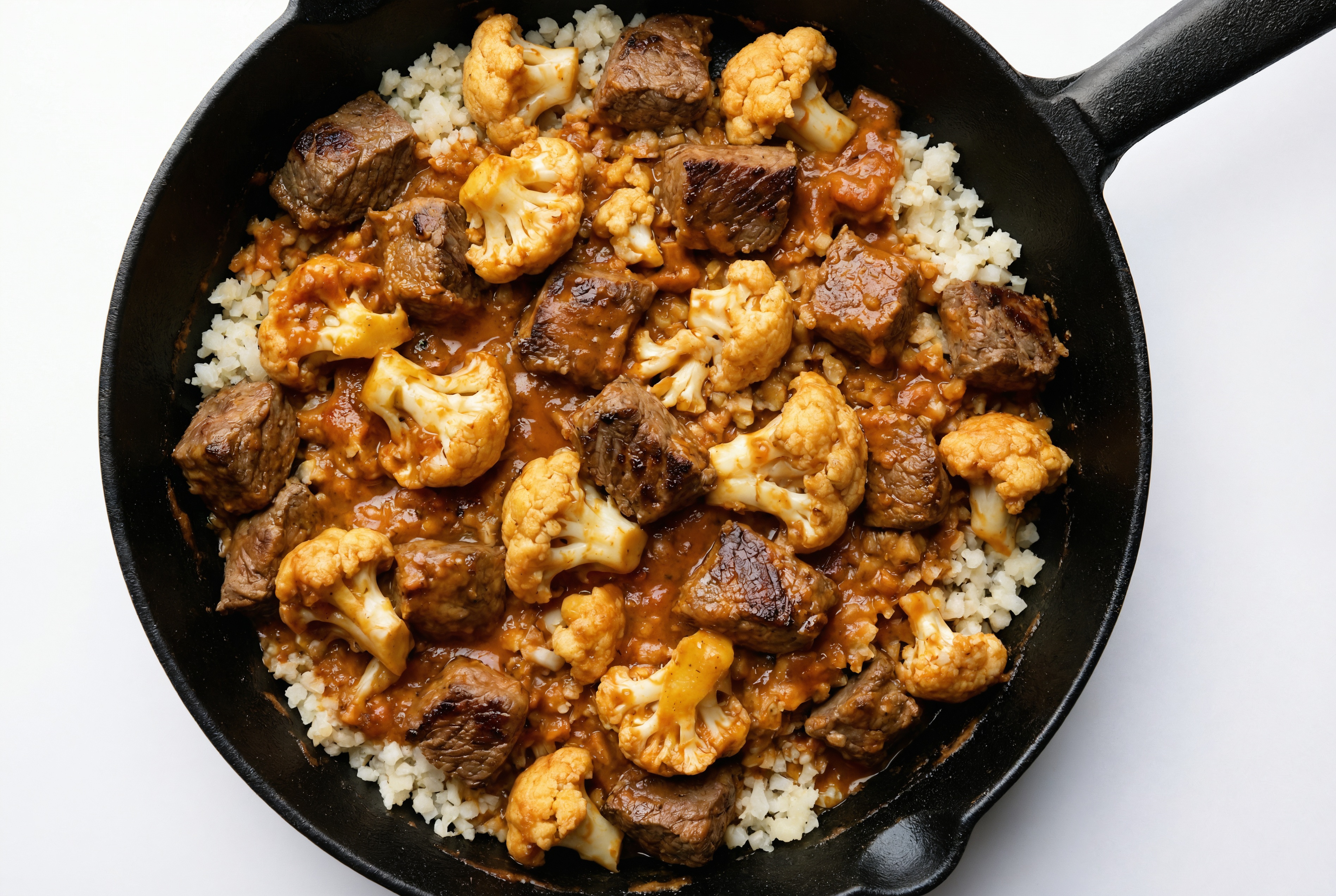 Tikka Masala Sirloin Tip Stir-Fry with Cauliflower over Riced Cauliflower