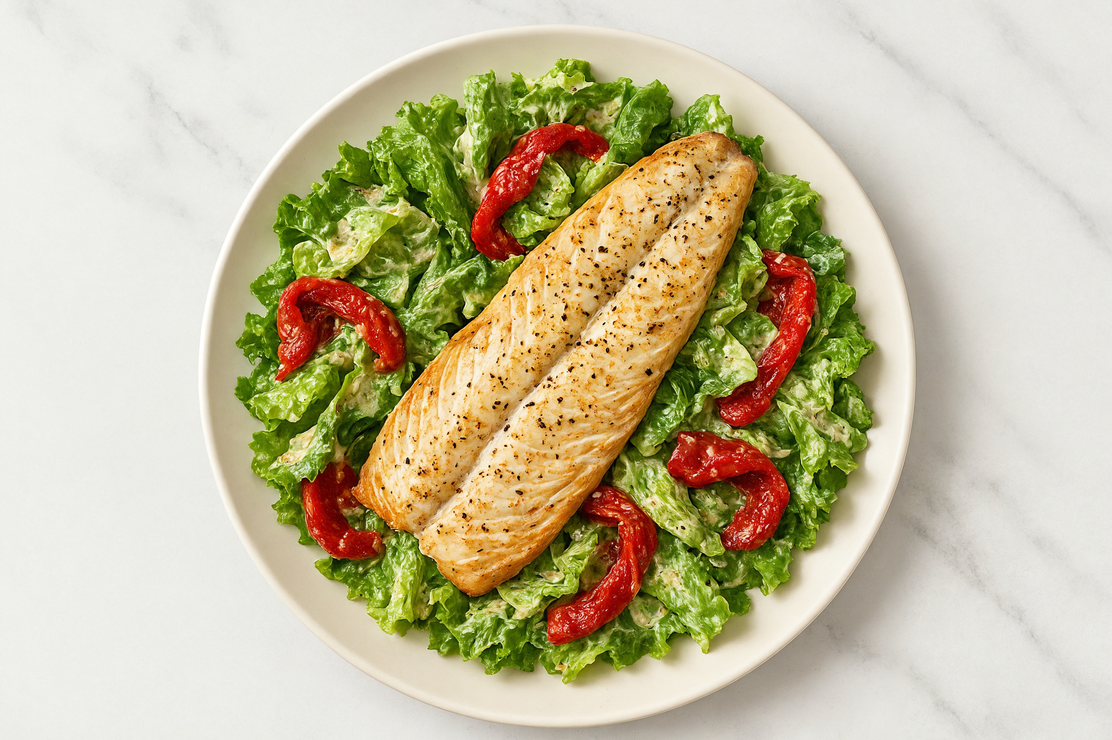 Green Leaf Salad with Trout, Peppers & Creamy Caesar Dressing