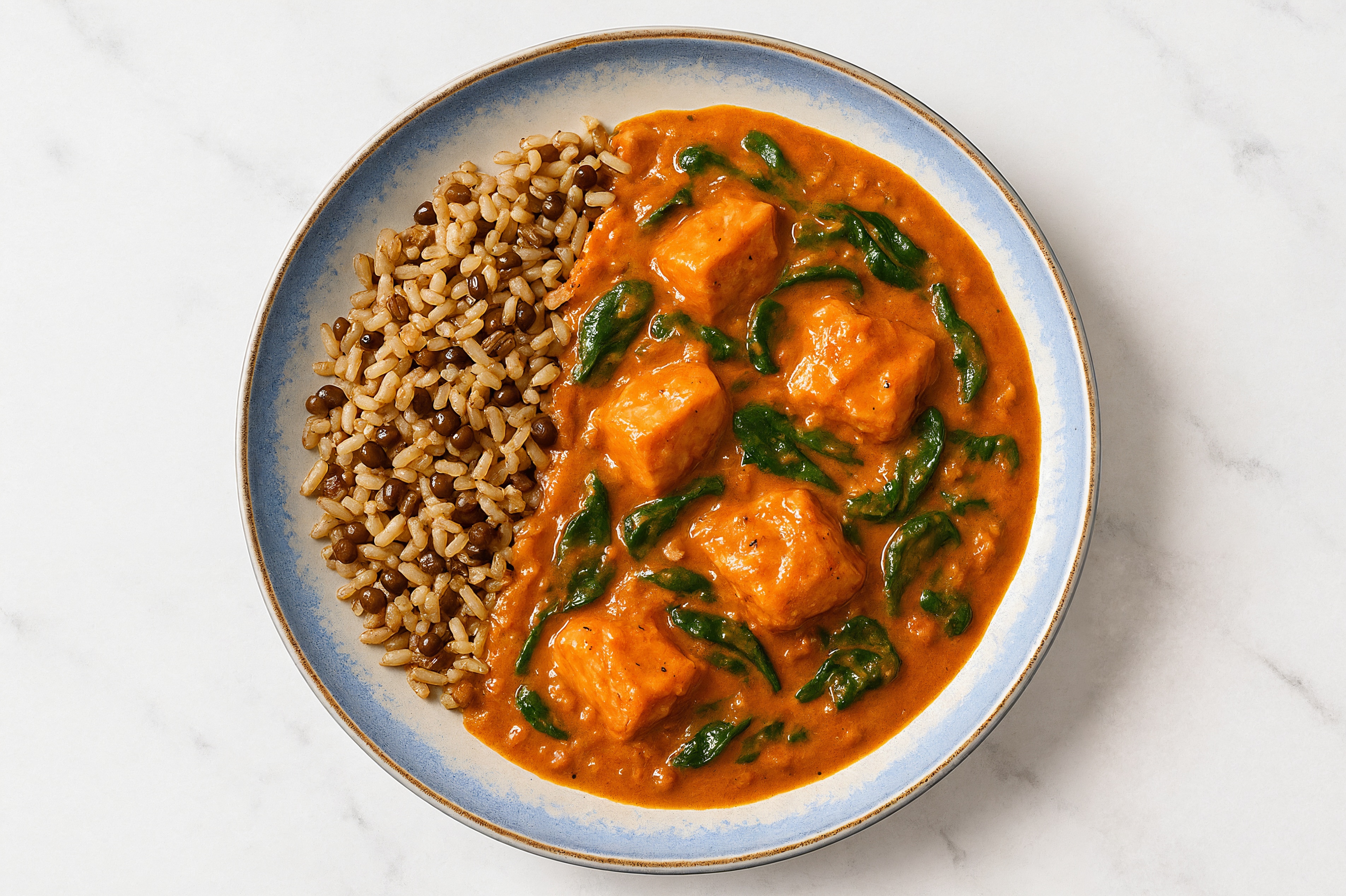 Salmon & Tikka Masala Stew with Spinach & Quinoa Rice
