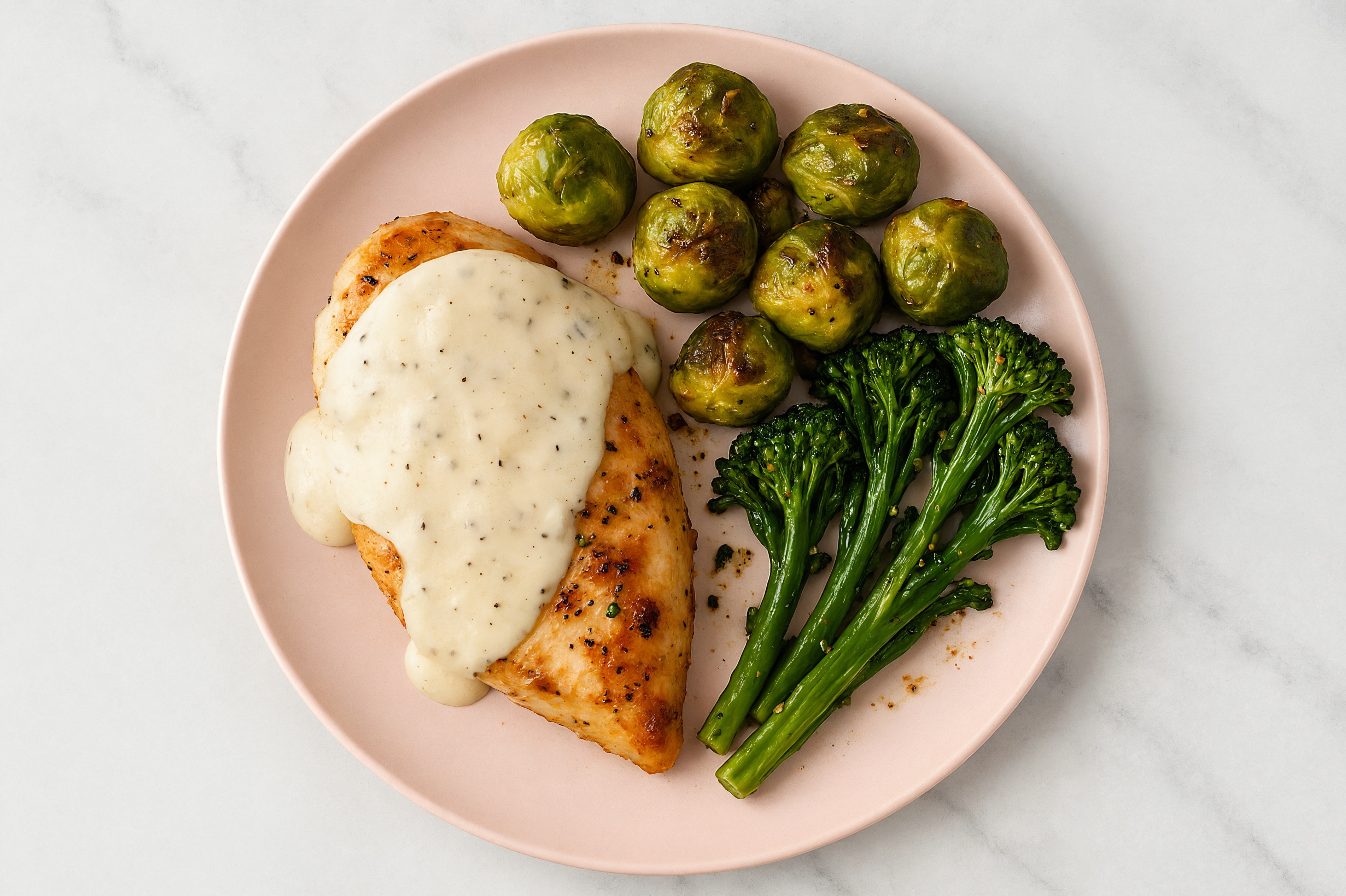 Creamy Parmesan Smothered Chicken Breasts with Baby Broccoli & Roasted Brussels