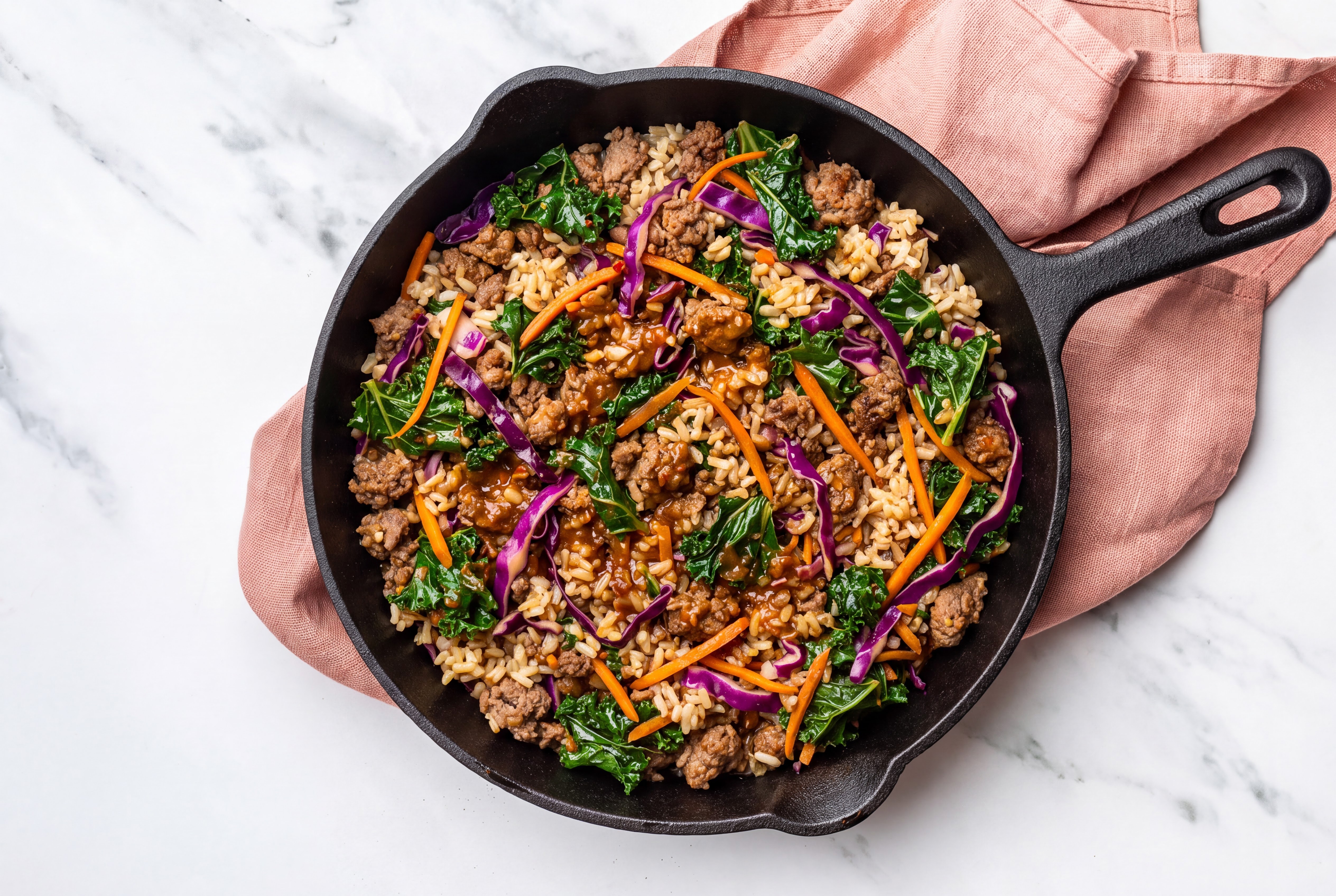 Herby Sesame Ginger Rainbow Veggie + Ground 93/7 Lean Beef Stir-Fry
