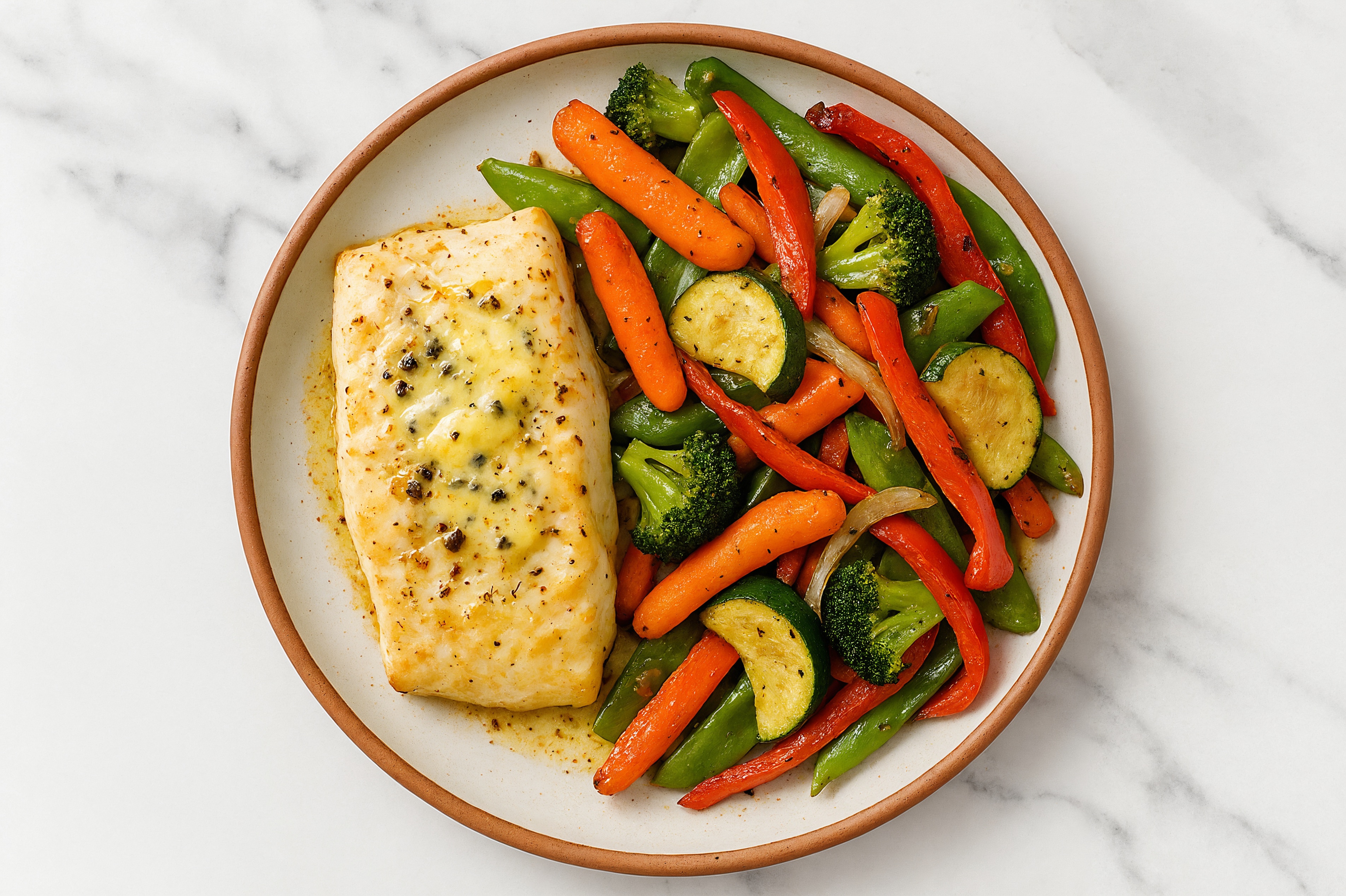 Sheet-Pan Slow Churned Lemon & Peppercorn Pasture Butter Pepper Halibut + Veggies