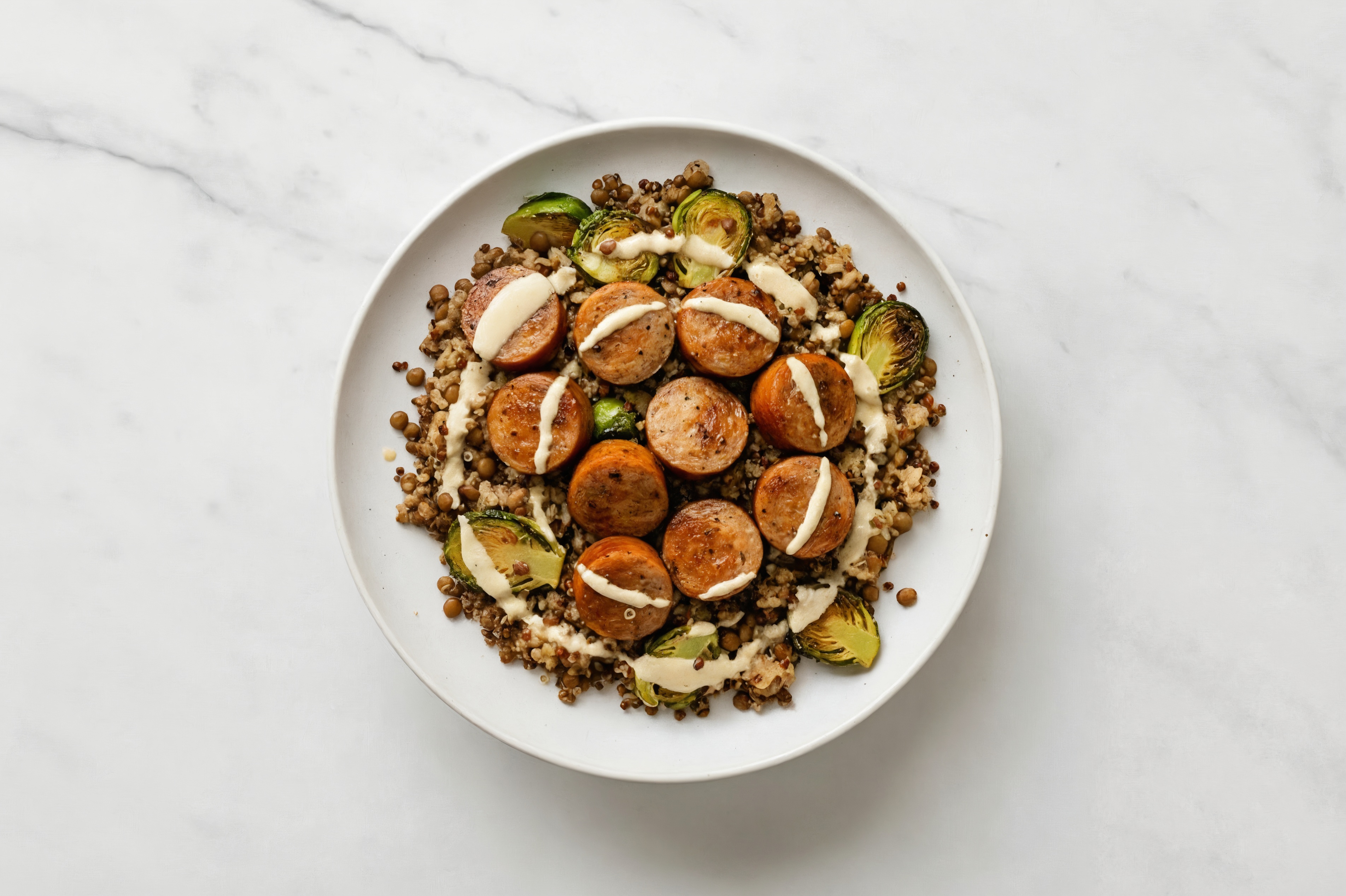 Creamy Garlic Italian Sausage + Brussels Bowl
