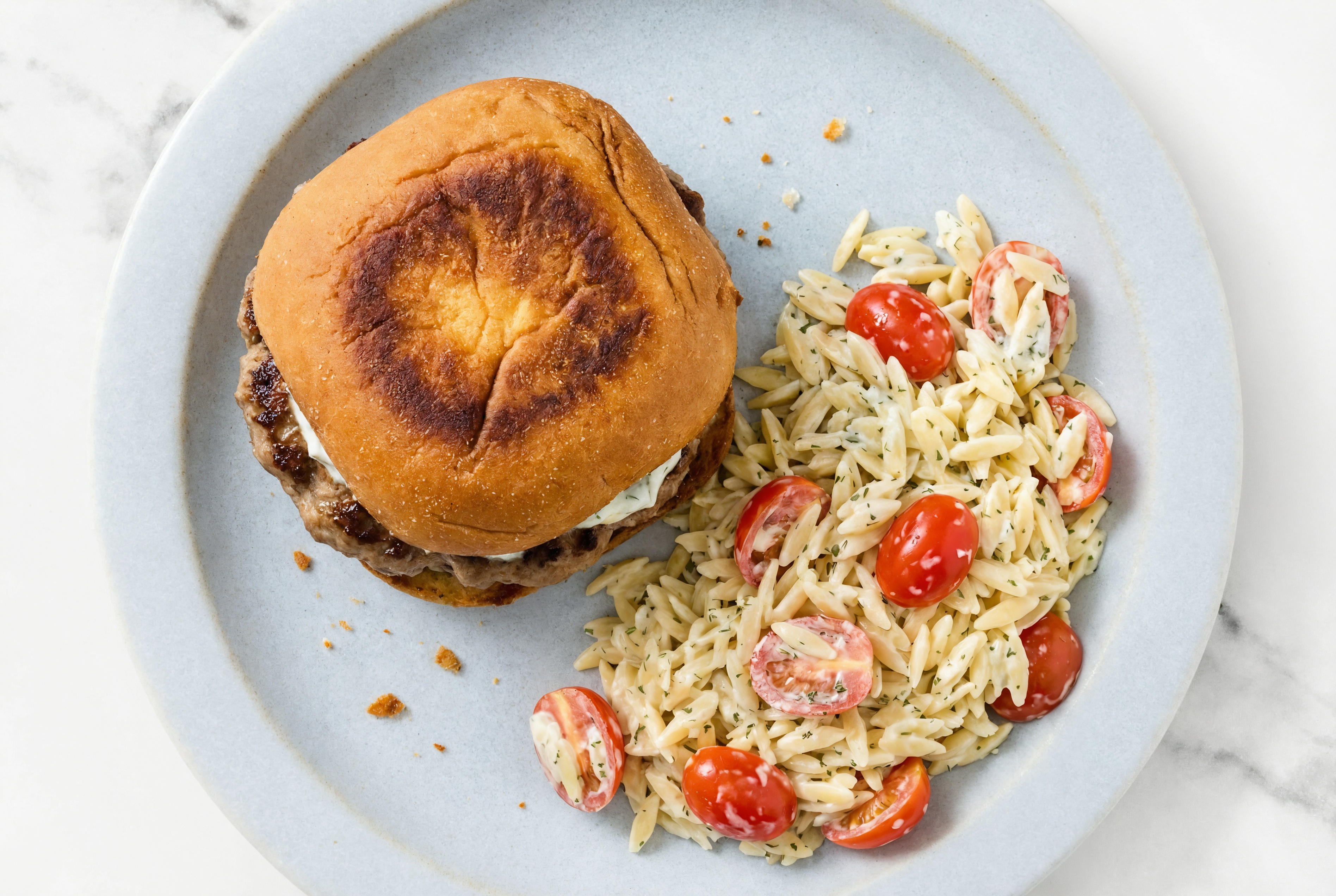 Hearty Grilled Lamb Burger + Tzatziki Orzo Salad